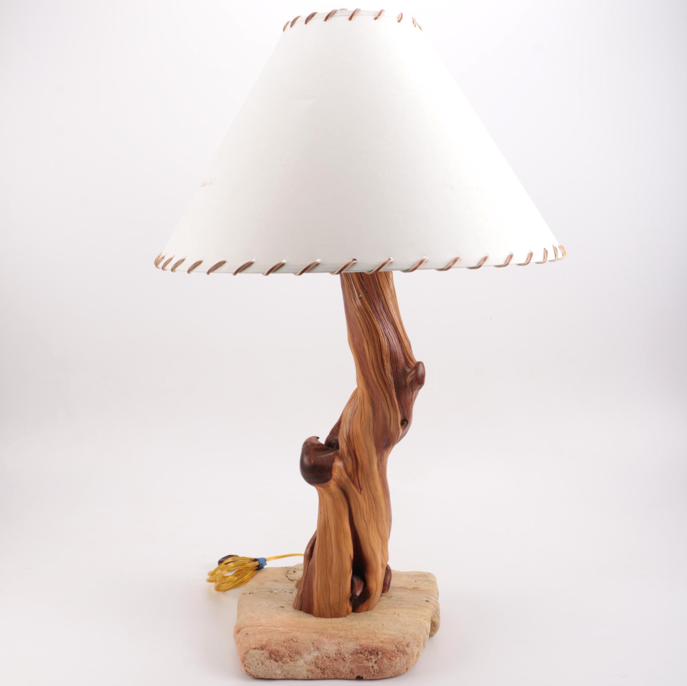 Signed Wood Table Lamp on Stone Base