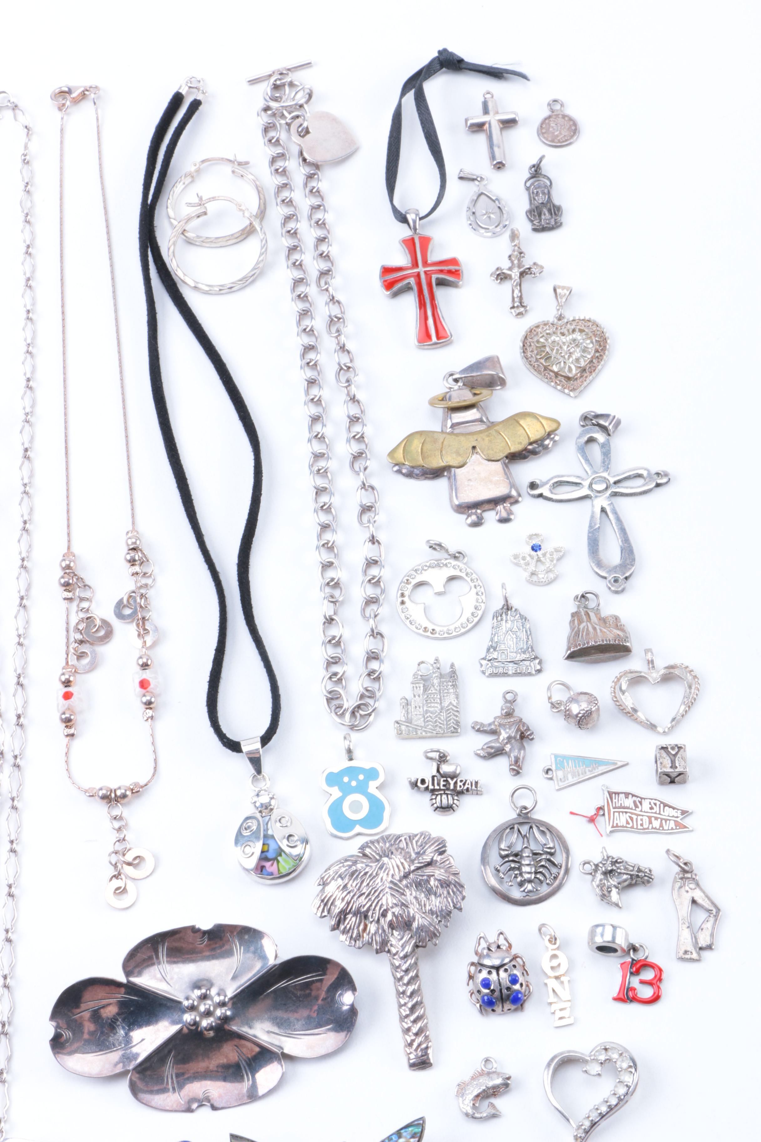 Silver Jewelry Including Puffed Heart Pendant and Abalone Butterfly Brooch