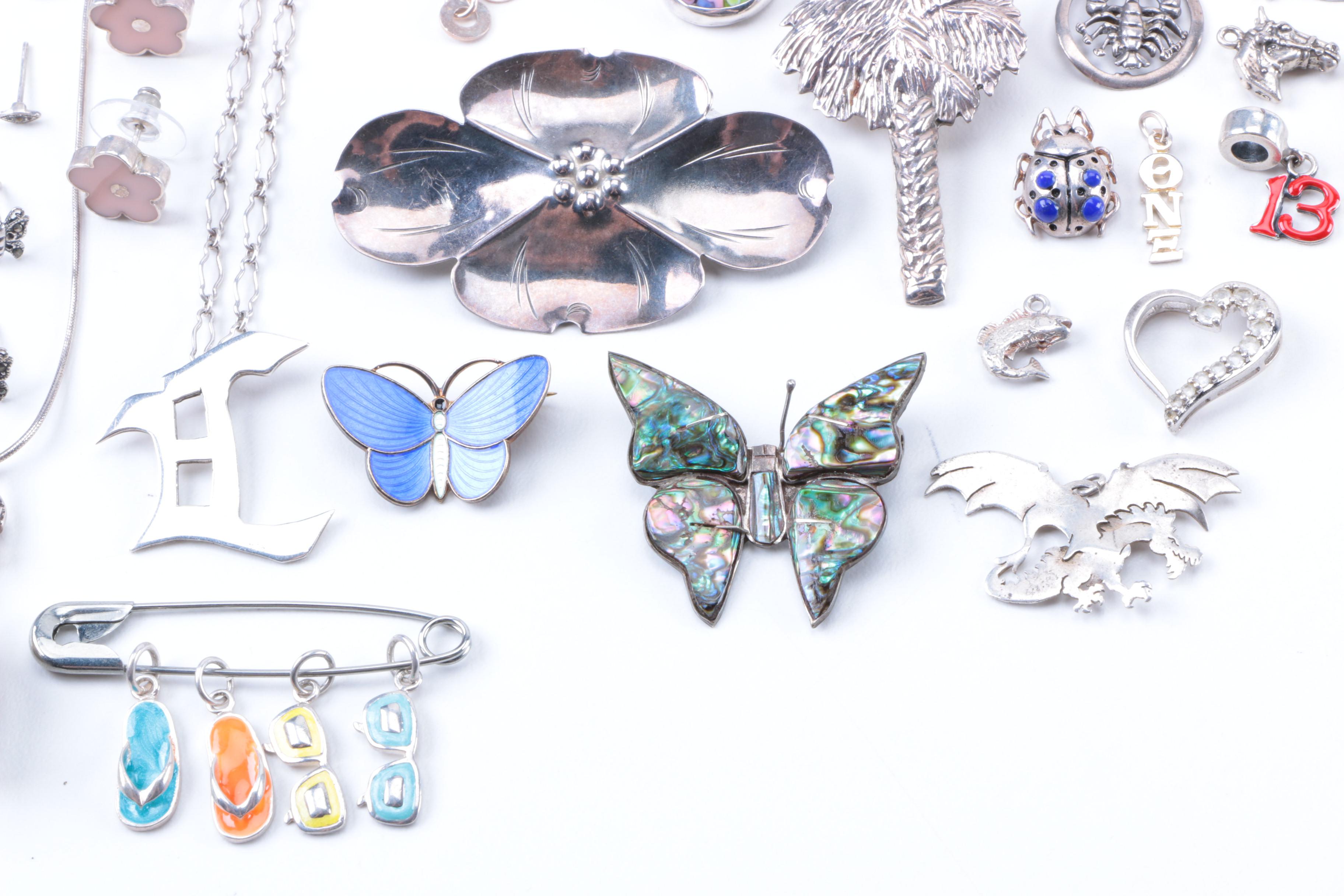 Silver Jewelry Including Puffed Heart Pendant and Abalone Butterfly Brooch