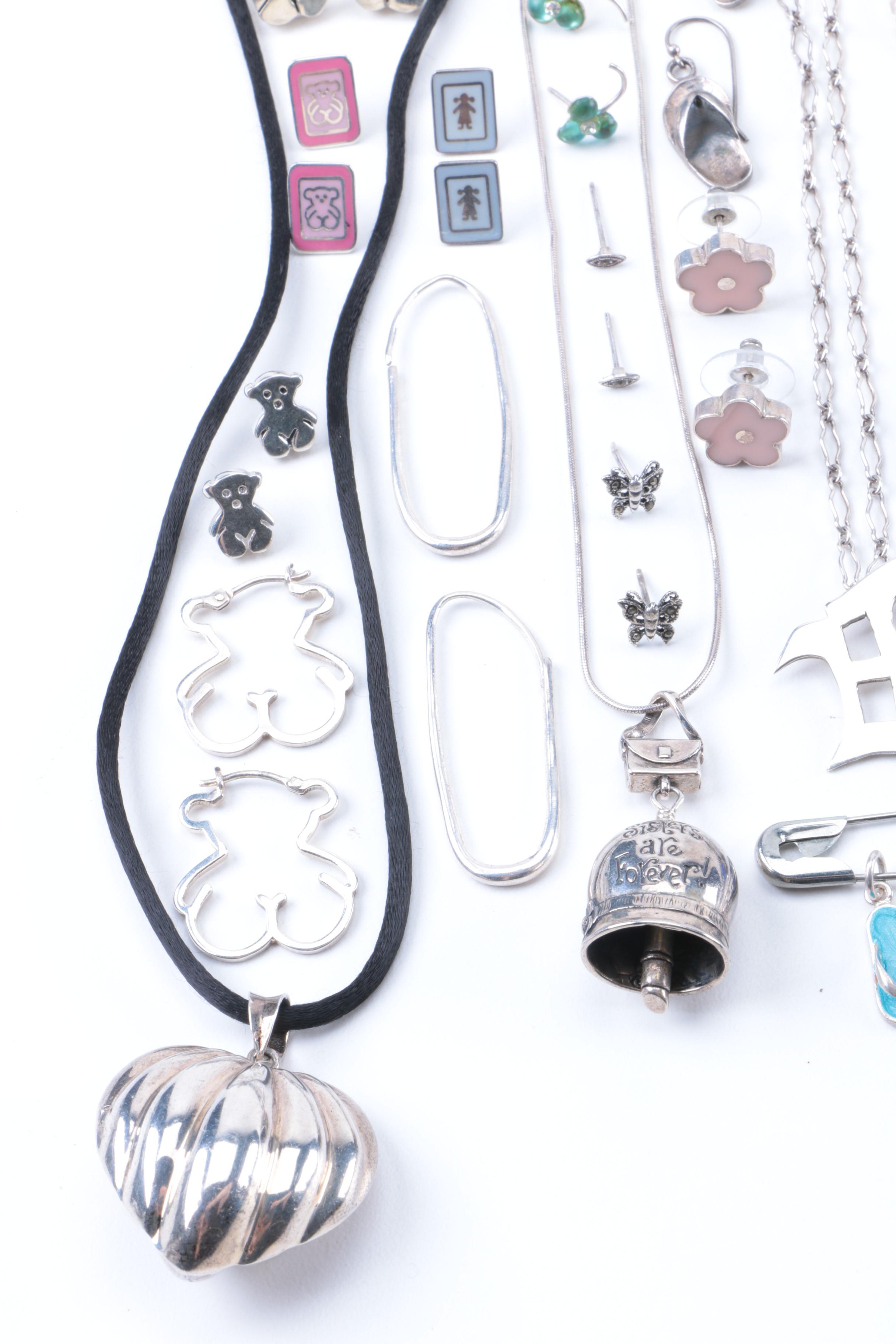 Silver Jewelry Including Puffed Heart Pendant and Abalone Butterfly Brooch