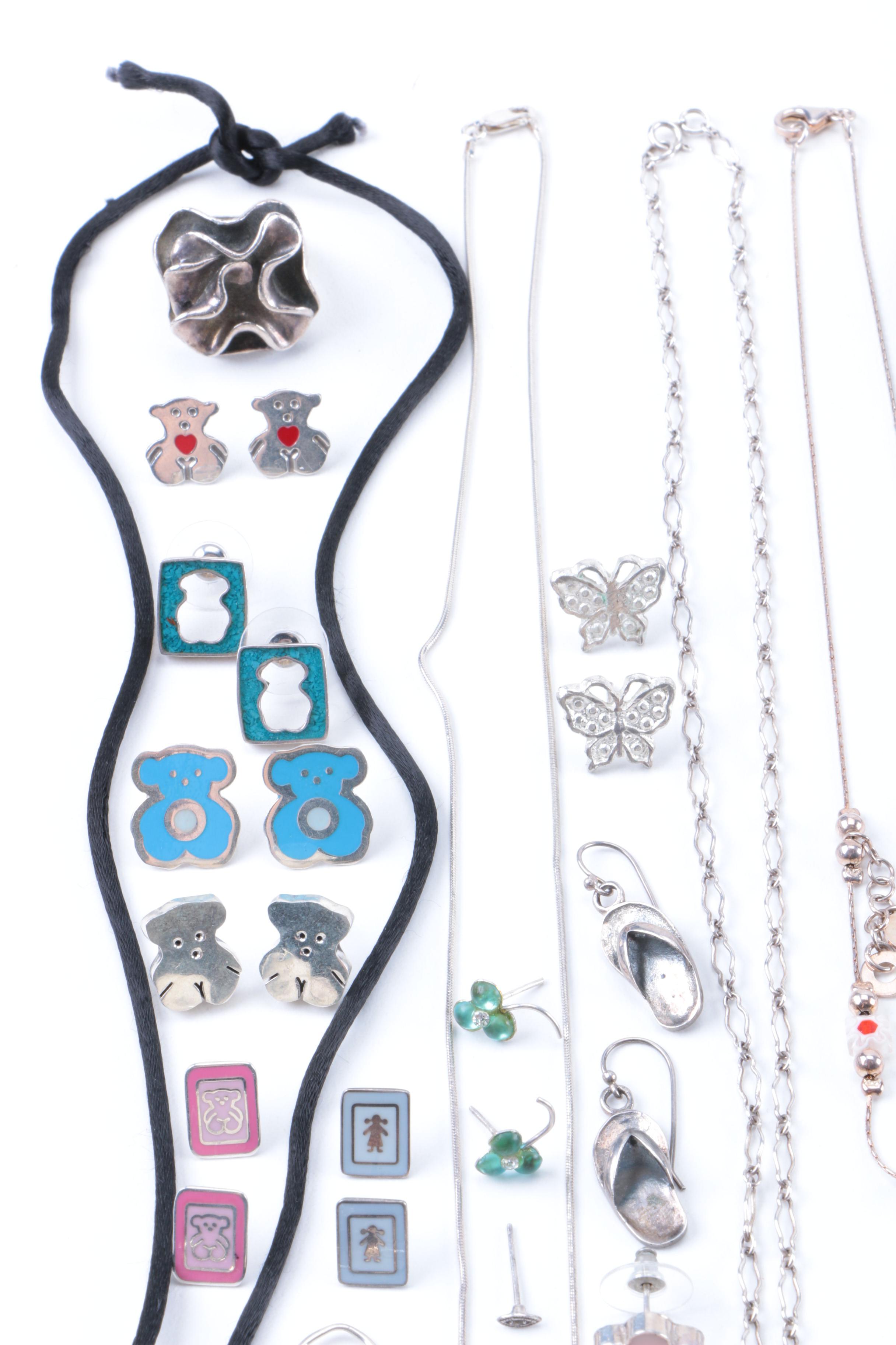 Silver Jewelry Including Puffed Heart Pendant and Abalone Butterfly Brooch