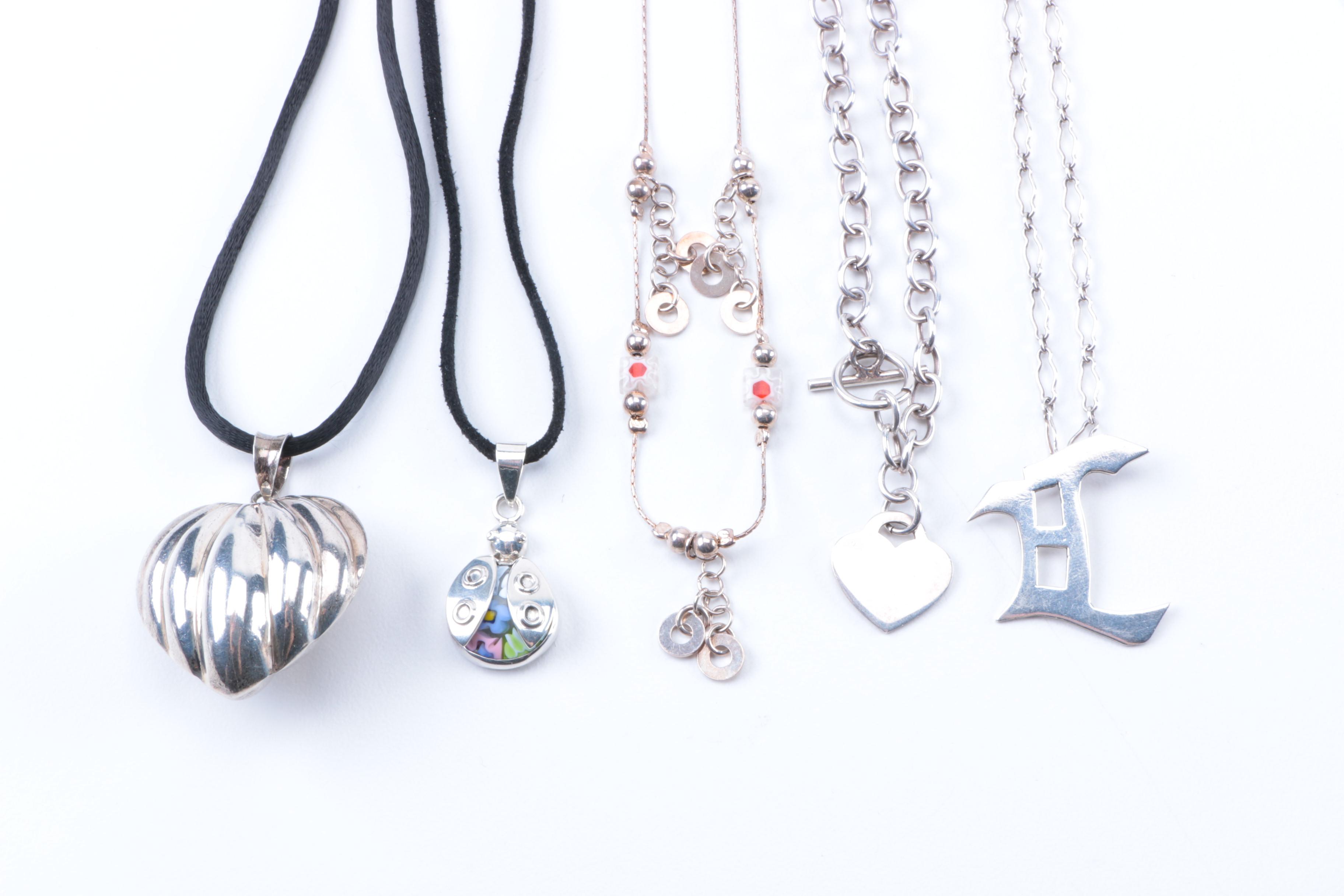 Silver Jewelry Including Puffed Heart Pendant and Abalone Butterfly Brooch