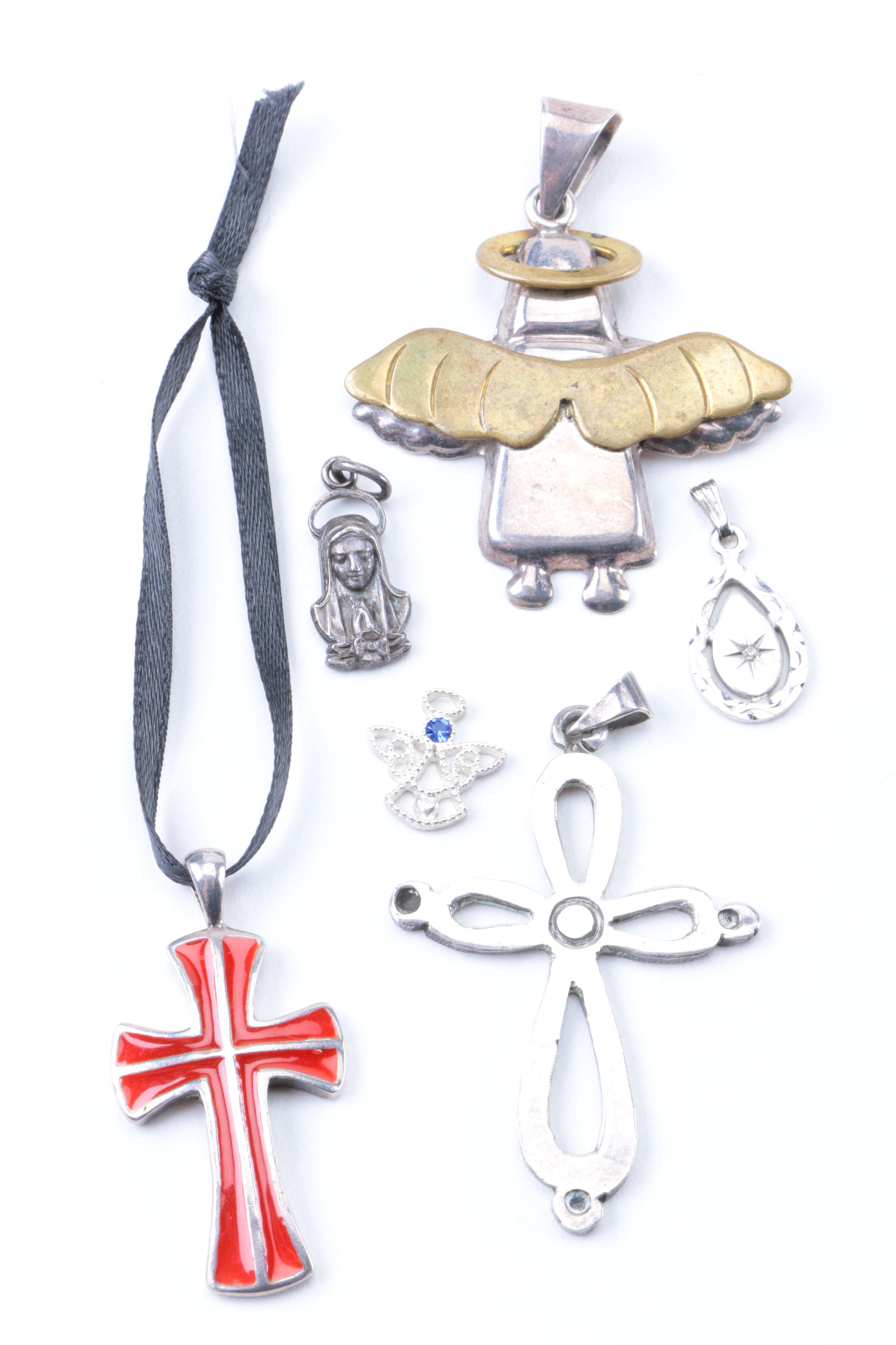 Silver Jewelry Including Puffed Heart Pendant and Abalone Butterfly Brooch