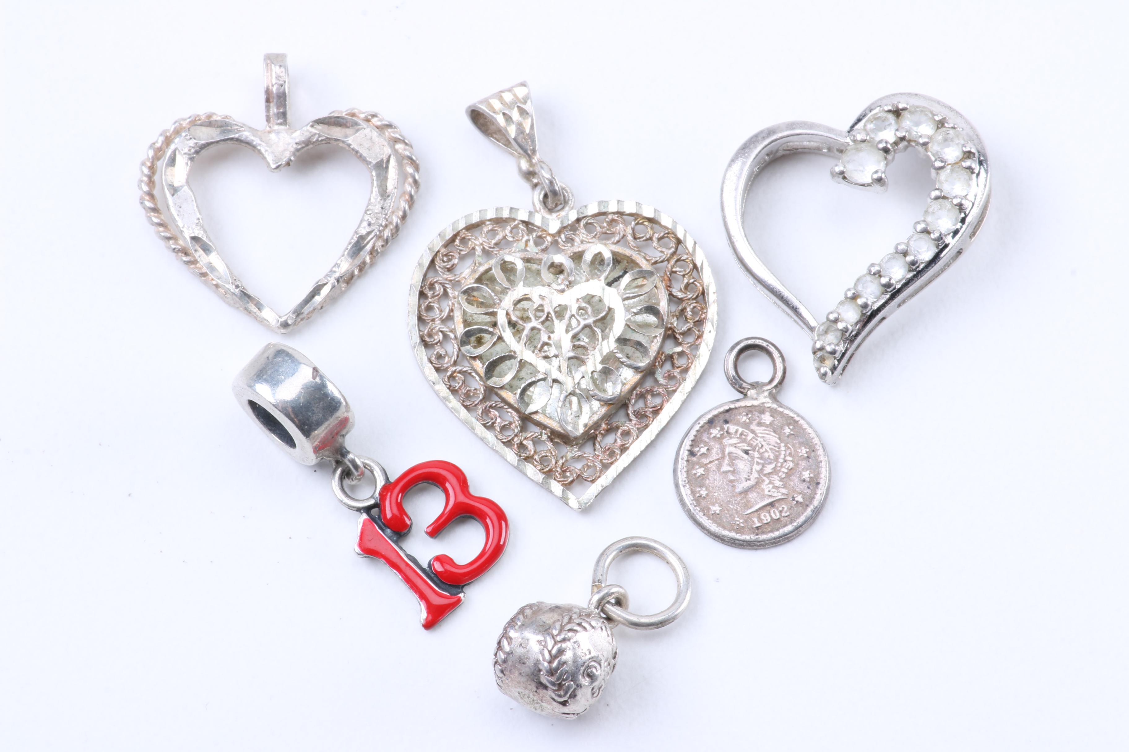 Silver Jewelry Including Puffed Heart Pendant and Abalone Butterfly Brooch