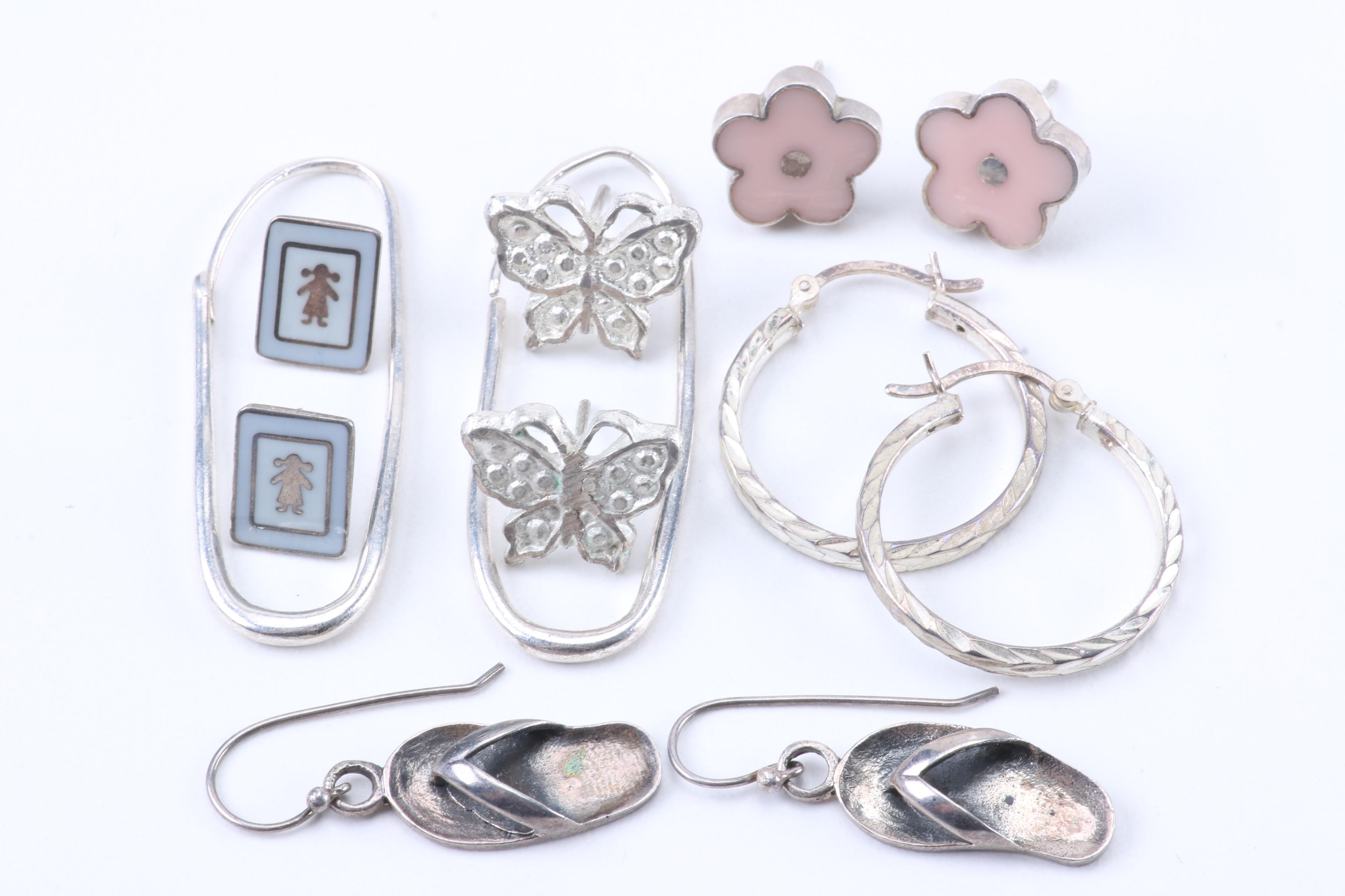 Silver Jewelry Including Puffed Heart Pendant and Abalone Butterfly Brooch