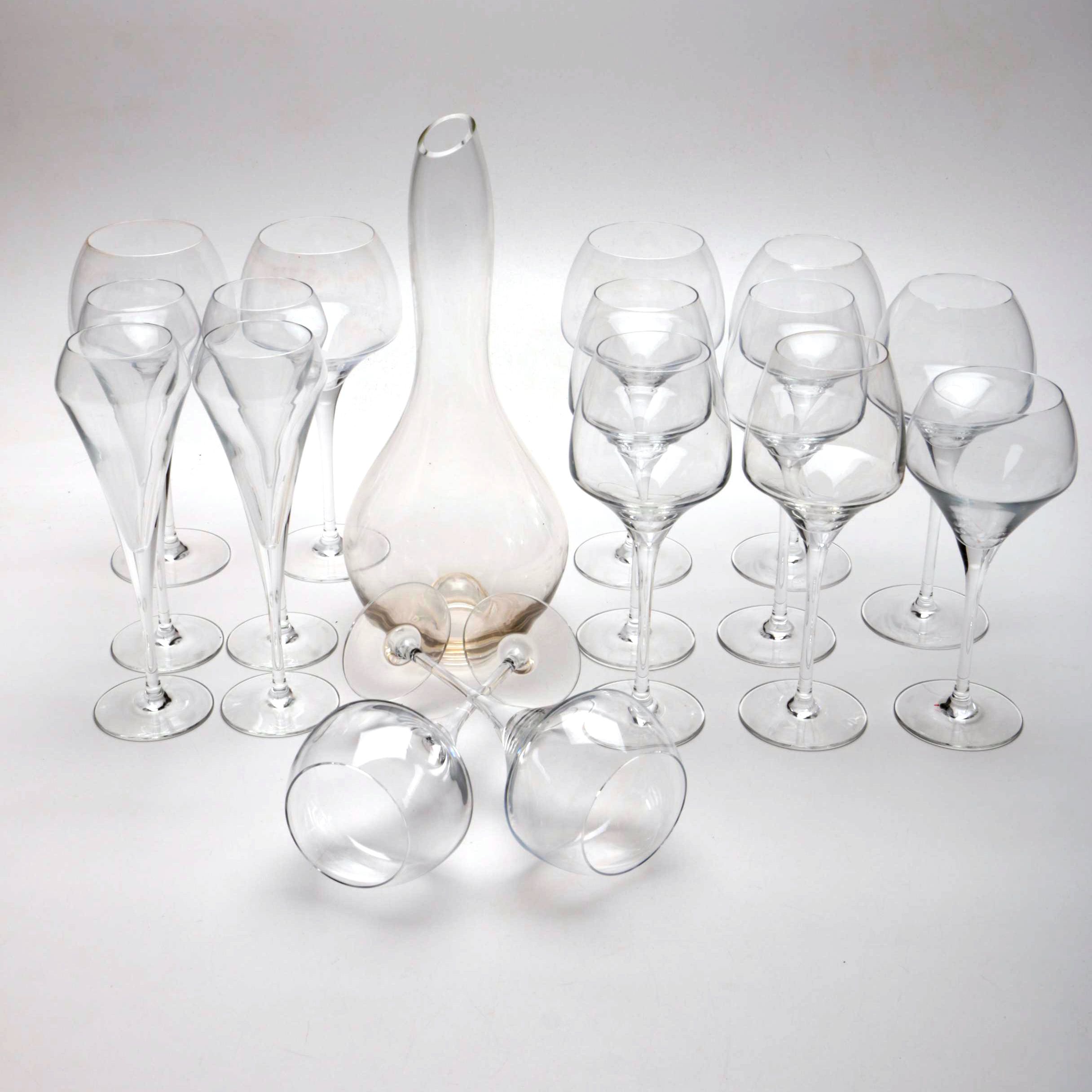 Collection of Sixteen Mikasa Wine Glasses and One Decanter