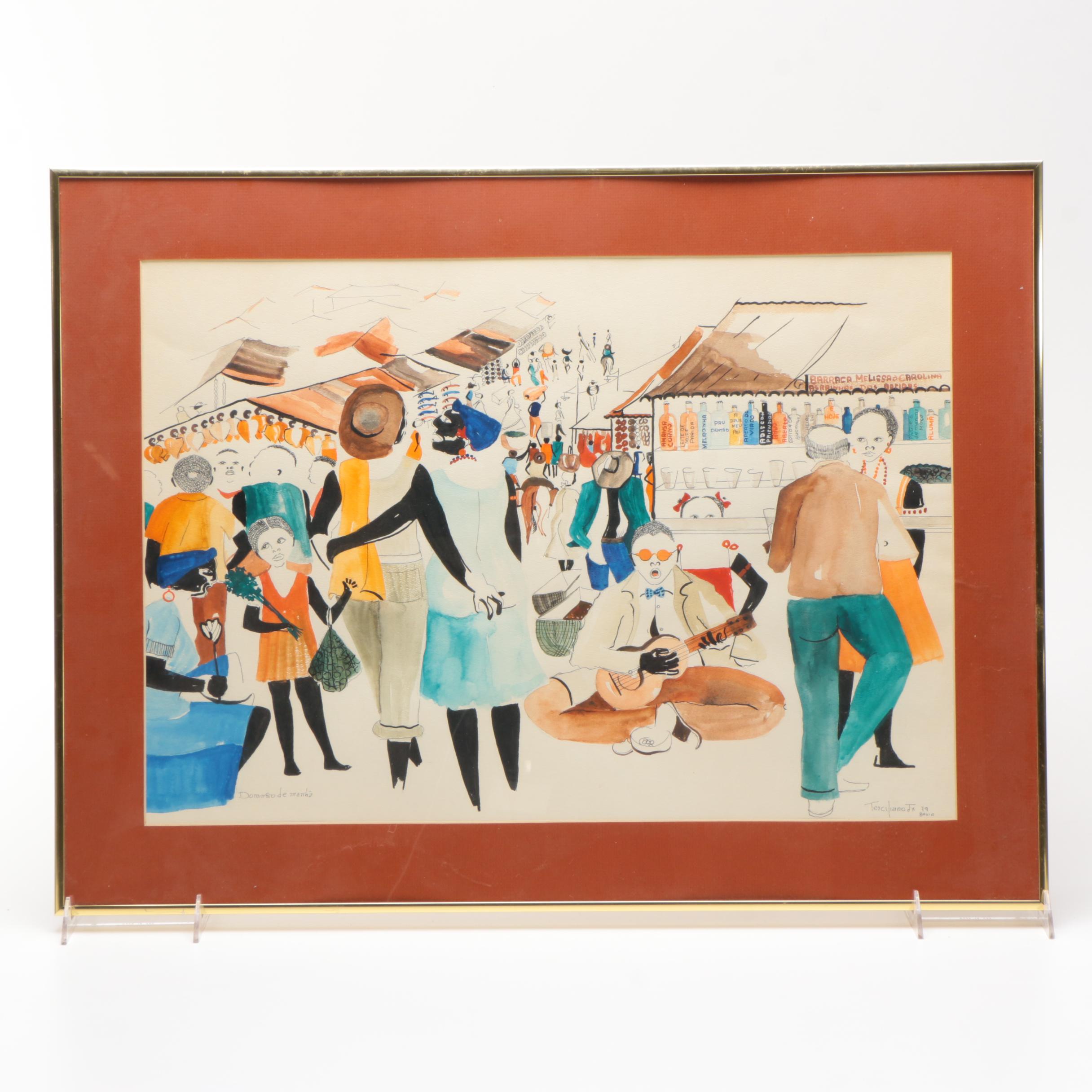 Terciliano Jr. Watercolor and Ink Painting on Paper "Domingo de Manhã"