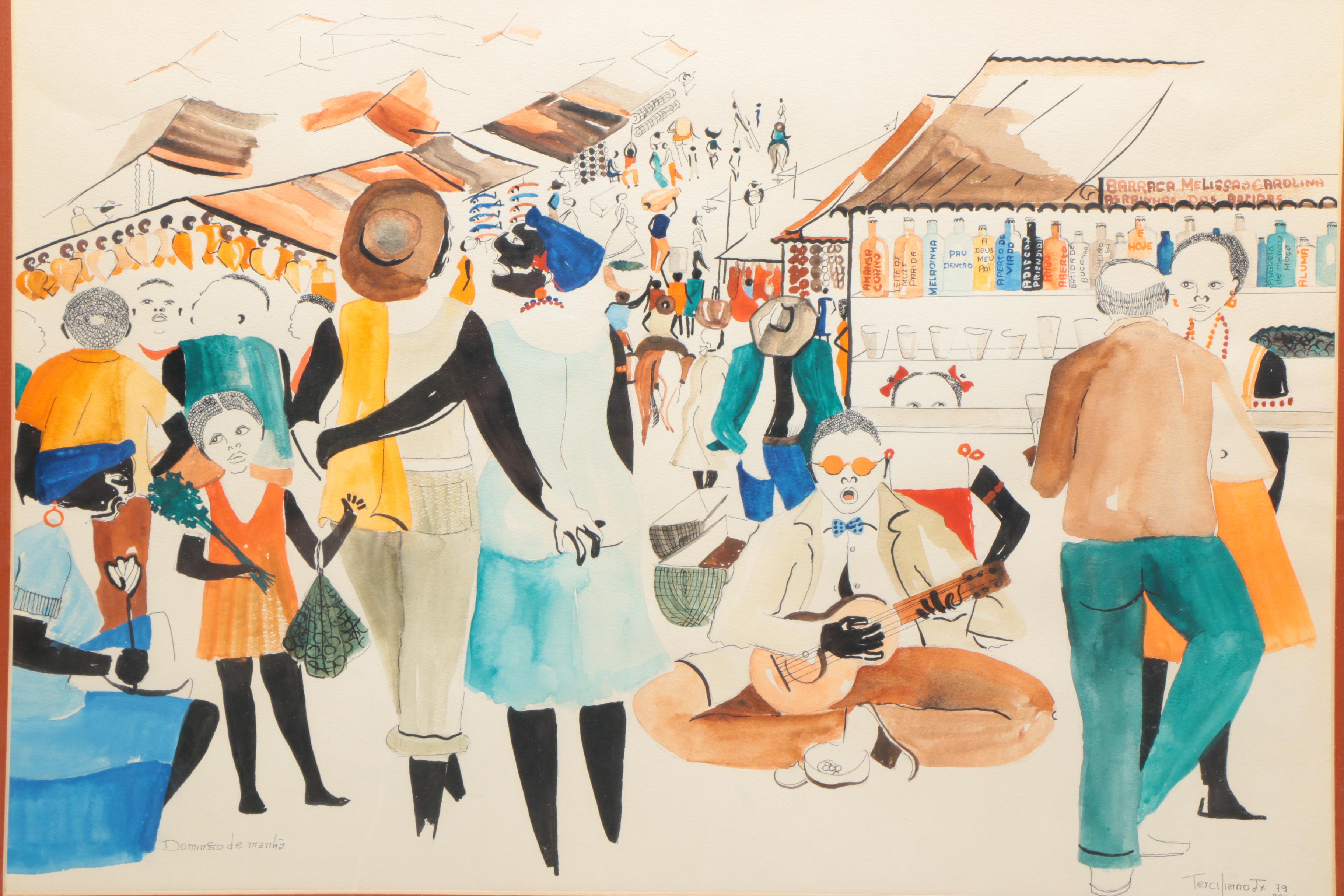 Terciliano Jr. Watercolor and Ink Painting on Paper "Domingo de Manhã"
