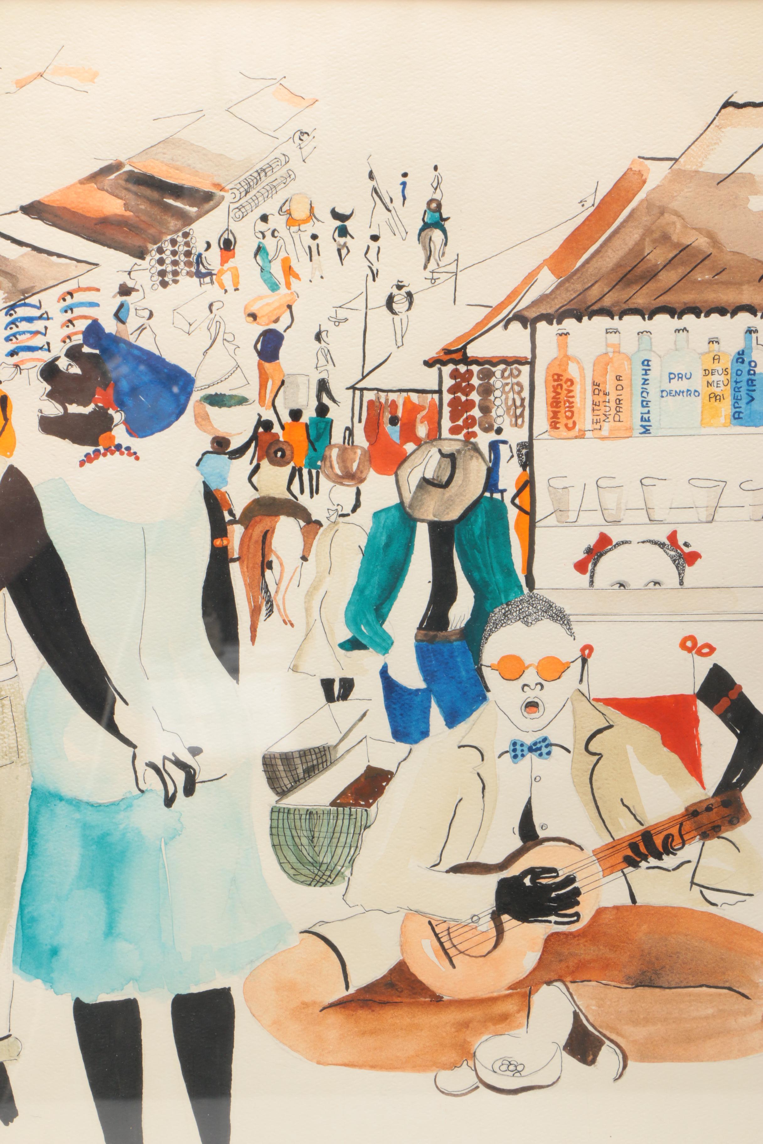 Terciliano Jr. Watercolor and Ink Painting on Paper "Domingo de Manhã"