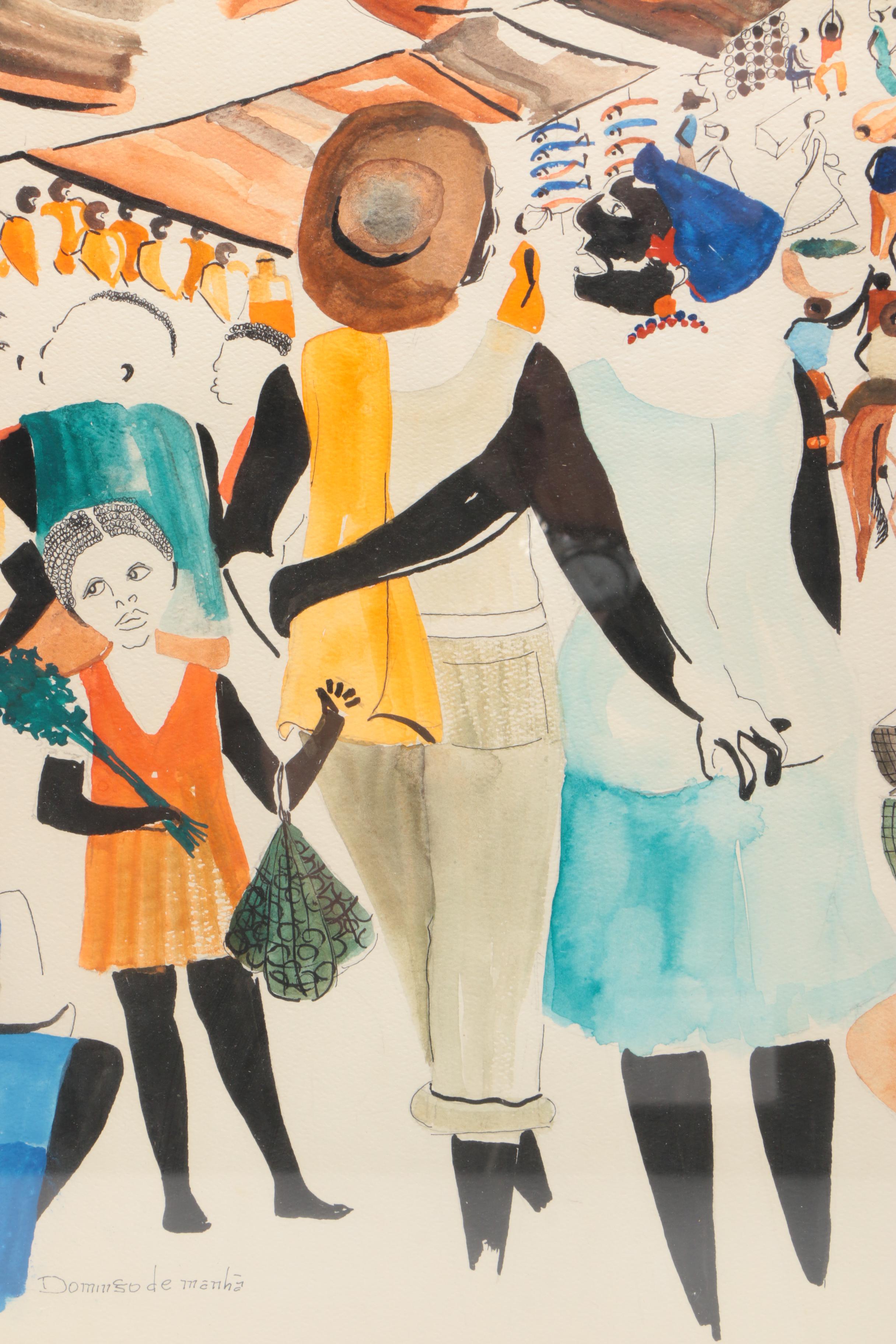 Terciliano Jr. Watercolor and Ink Painting on Paper "Domingo de Manhã"