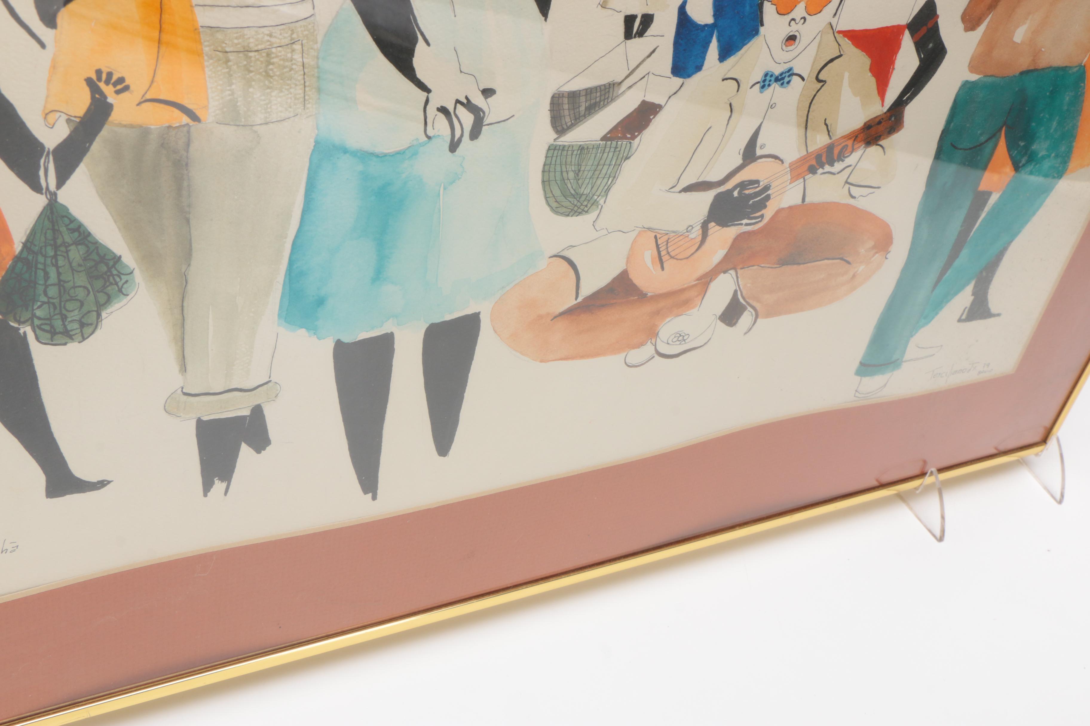 Terciliano Jr. Watercolor and Ink Painting on Paper "Domingo de Manhã"