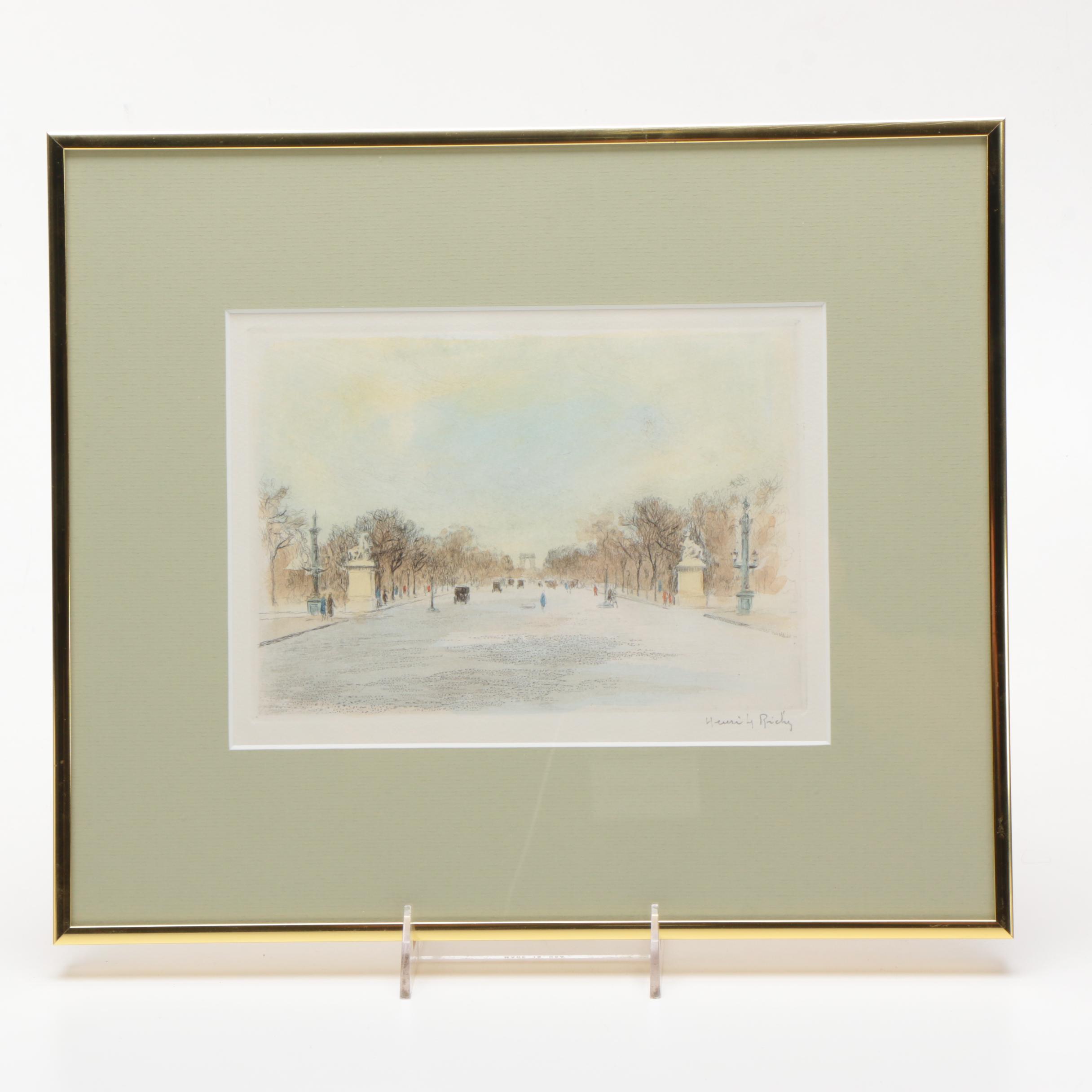 Henri Le Riche Color Etching on Paper of Parisian Street Scene