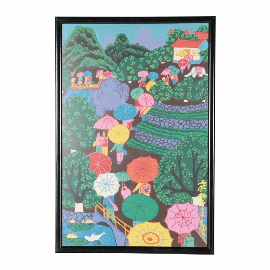 Colorful Southeast Asian Serigraph on Paper Park Scene