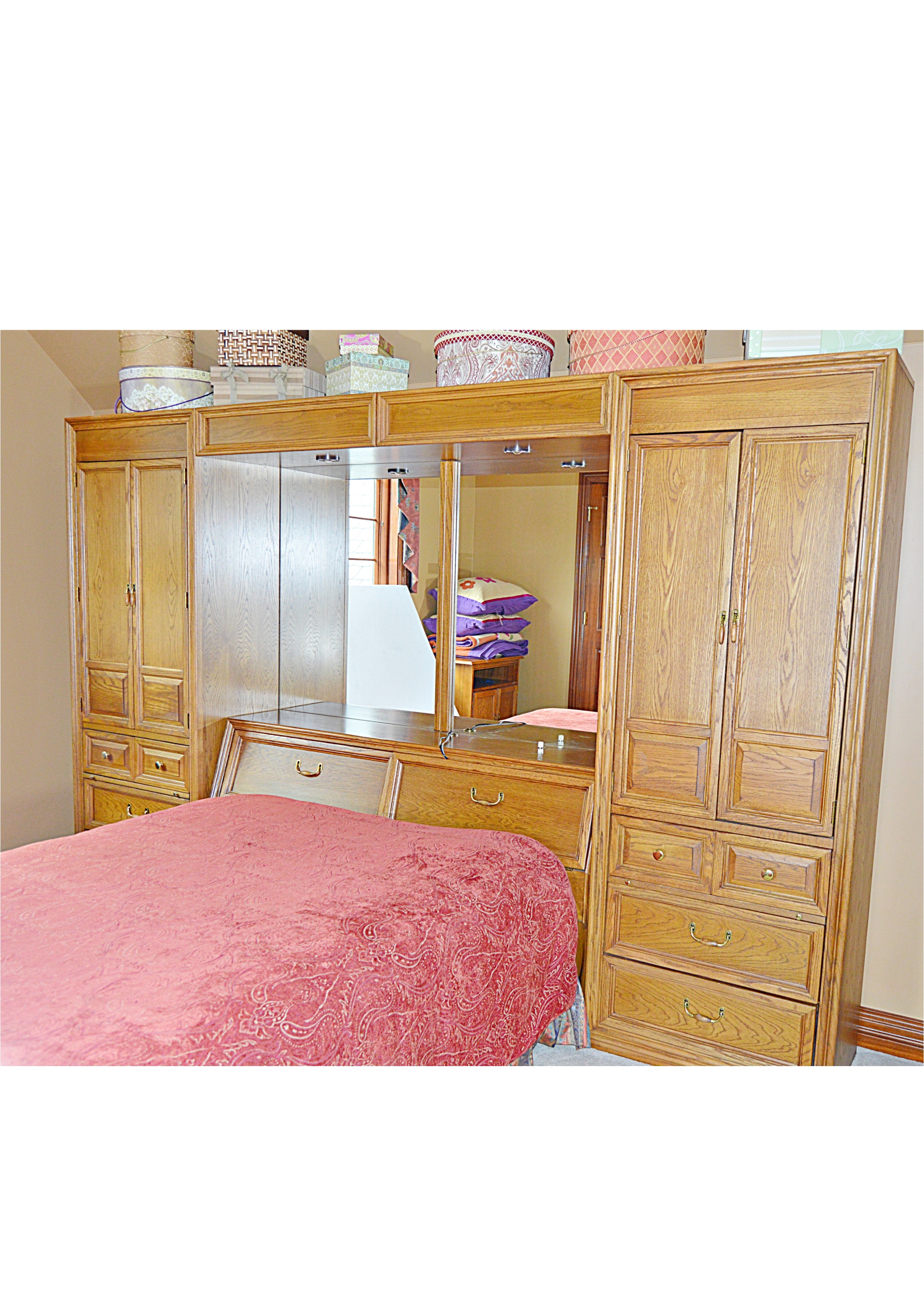 Stanley Oak Pier Cabinets and Queen Storage Bed Headboard