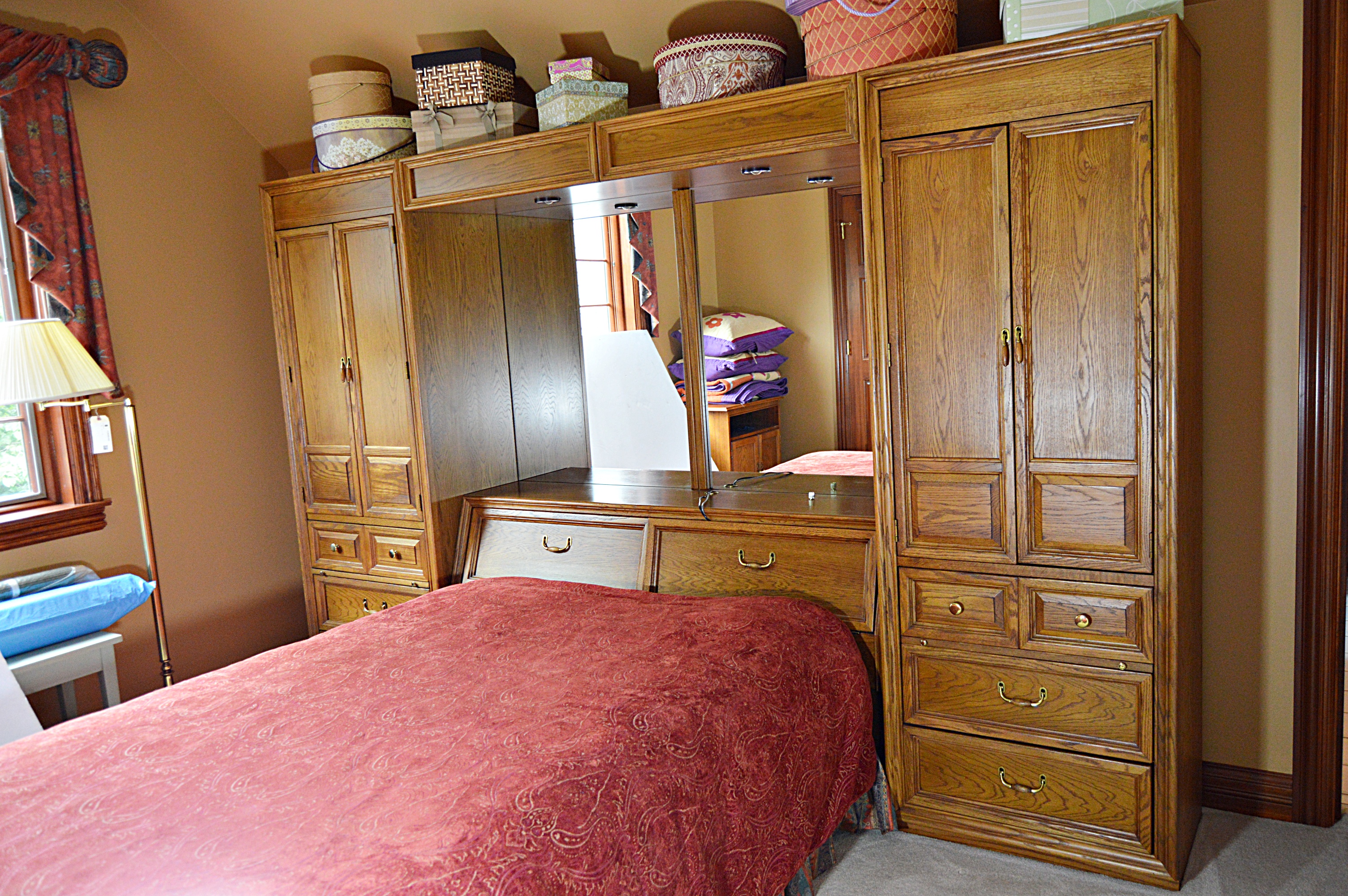 Stanley Oak Pier Cabinets and Queen Storage Bed Headboard