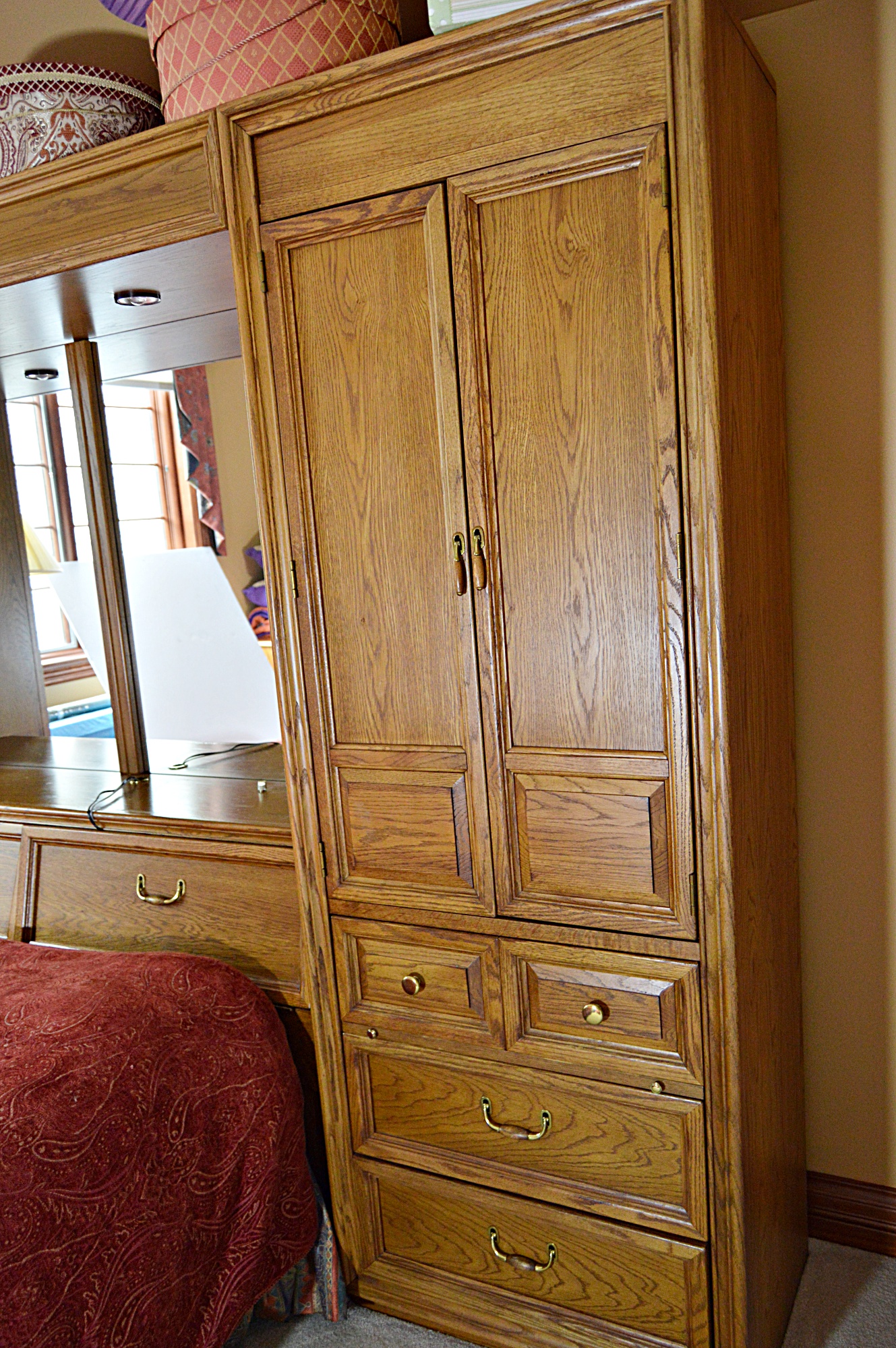 Stanley Oak Pier Cabinets and Queen Storage Bed Headboard