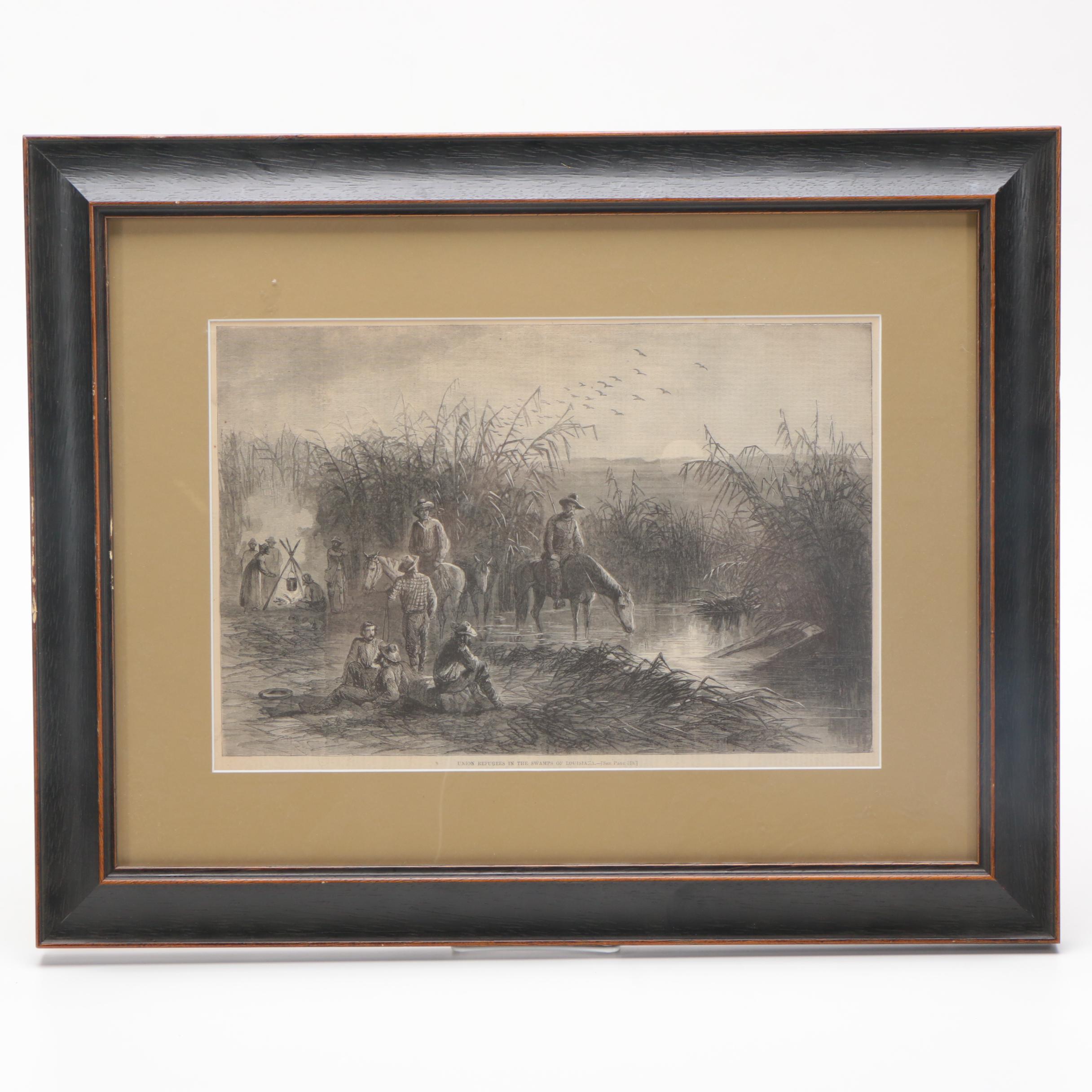 19th C. Wood Engraving "Union Refugees in the Swamps of Louisiana"