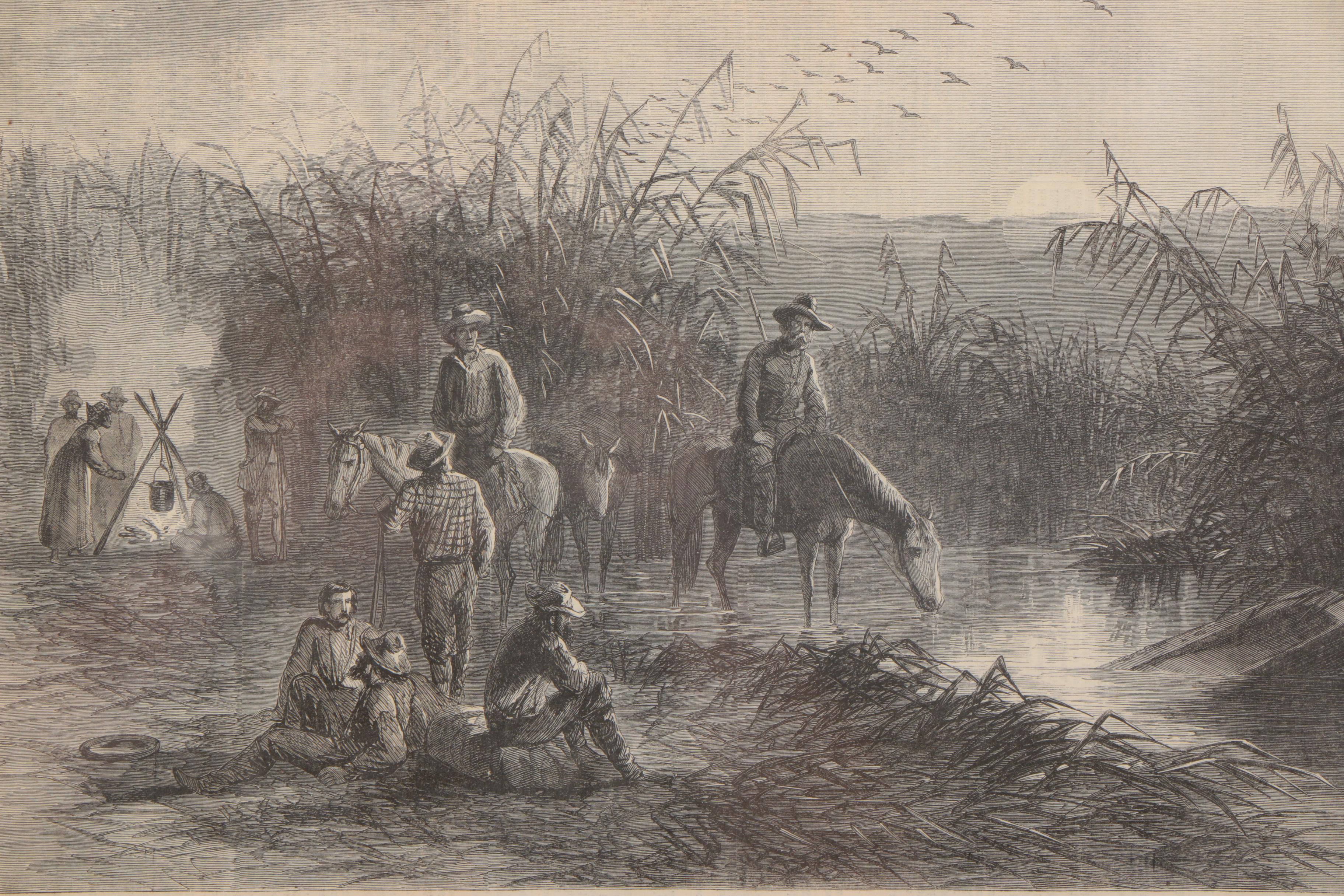 19th C. Wood Engraving "Union Refugees in the Swamps of Louisiana"
