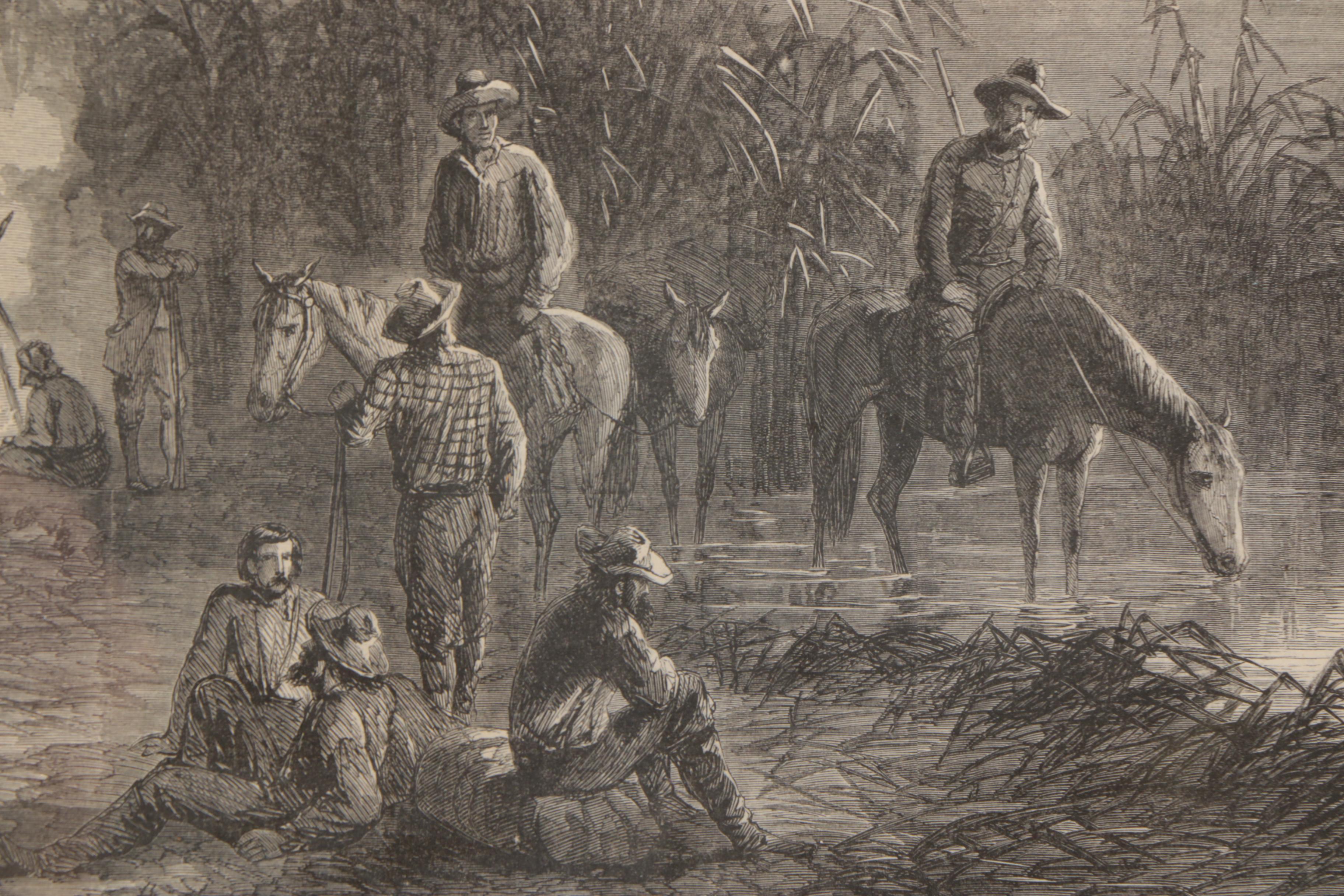 19th C. Wood Engraving "Union Refugees in the Swamps of Louisiana"