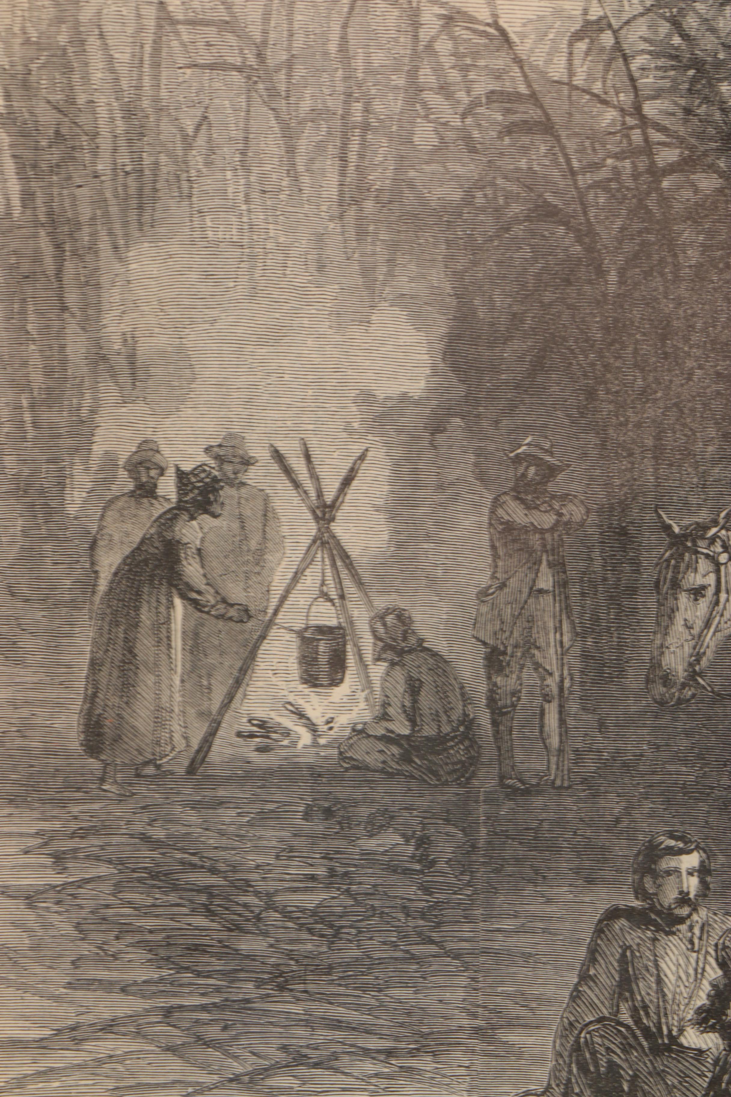 19th C. Wood Engraving "Union Refugees in the Swamps of Louisiana"