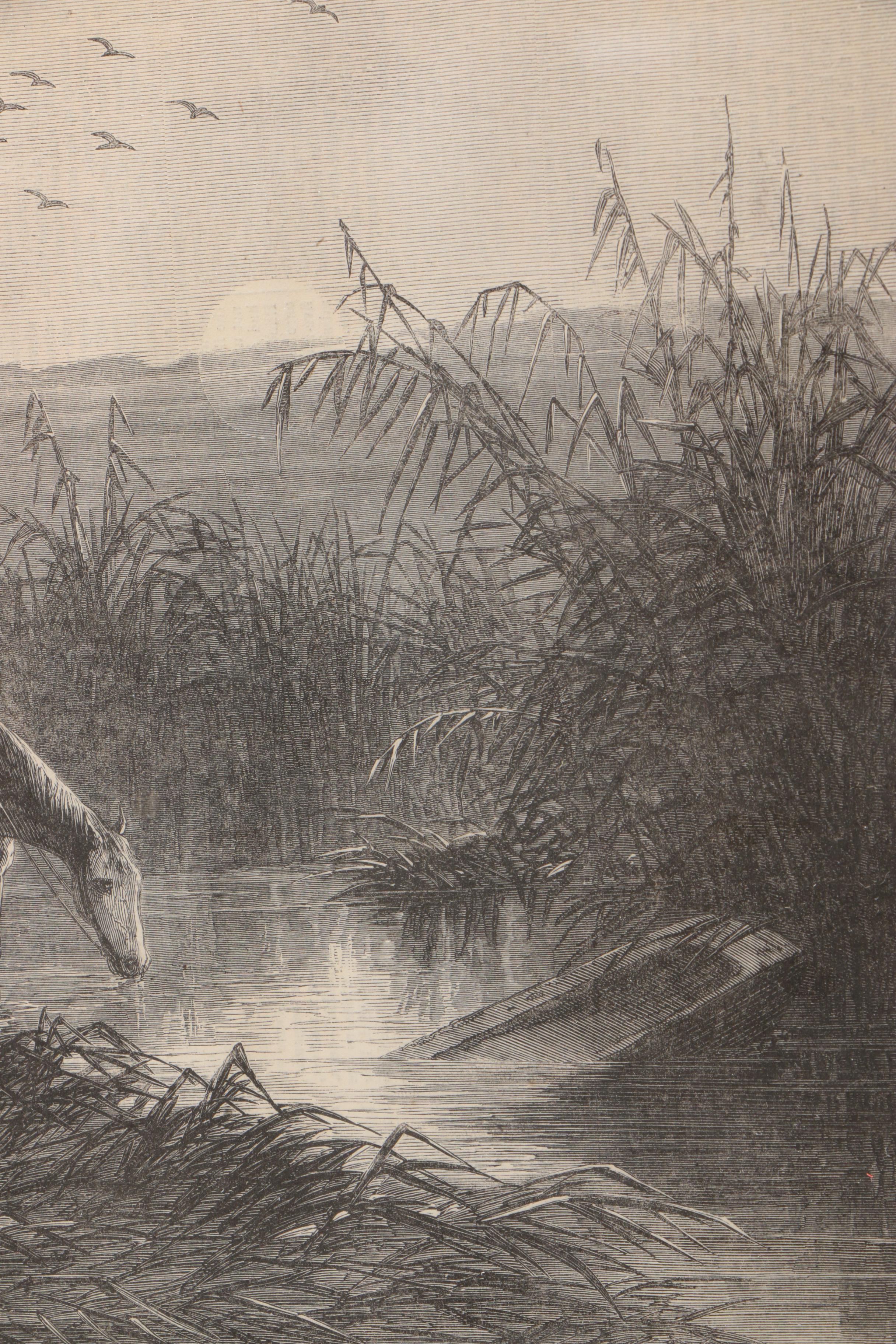 19th C. Wood Engraving "Union Refugees in the Swamps of Louisiana"