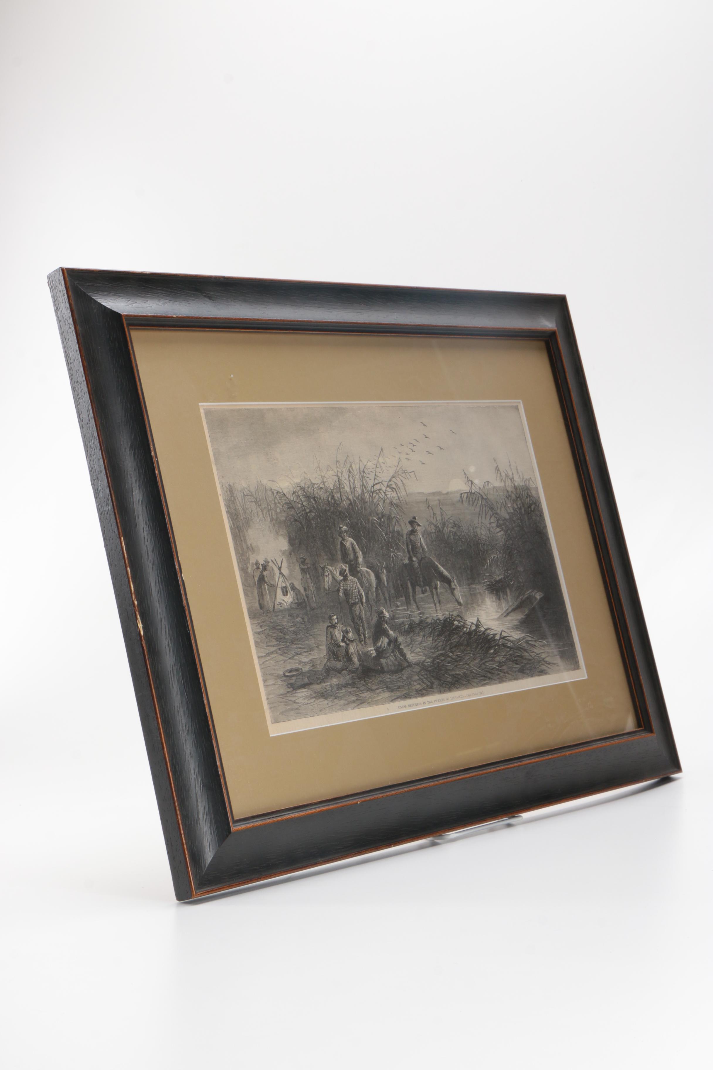 19th C. Wood Engraving "Union Refugees in the Swamps of Louisiana"