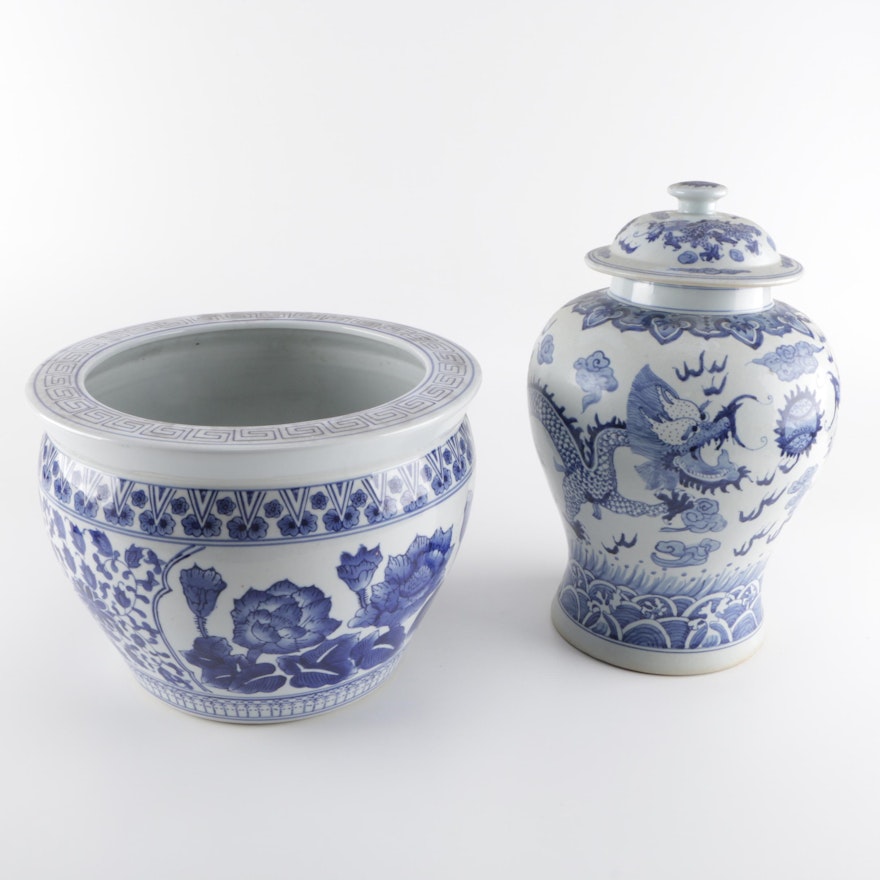 Chinese Made Jardiniere and Covered Ginger Jar