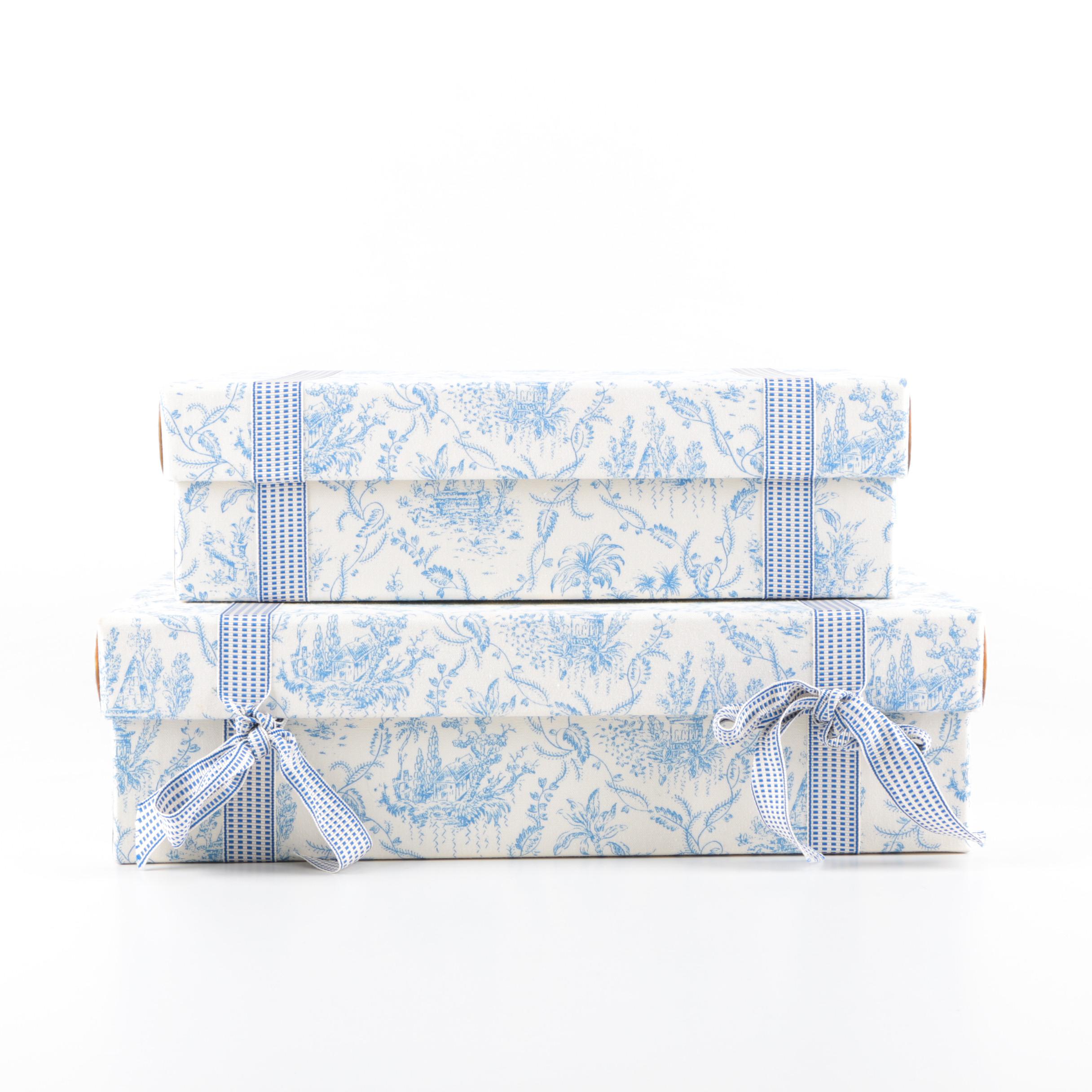 Pairing of Blue on White Toile Storage Boxes