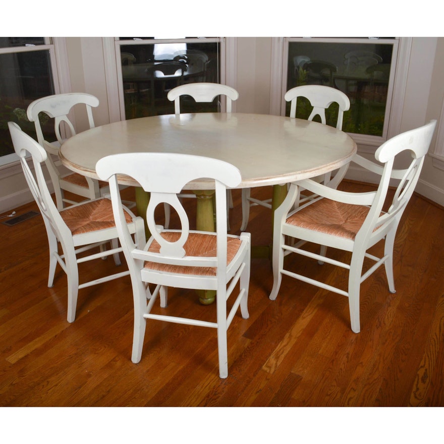 Pottery Barn Round Farmhouse Style Dining Table With Six Chairs