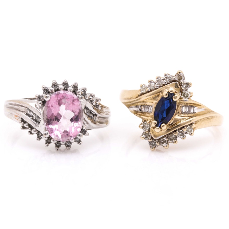 Two 10K Yellow and White Gold Rings Featuring Diamonds and Sapphires