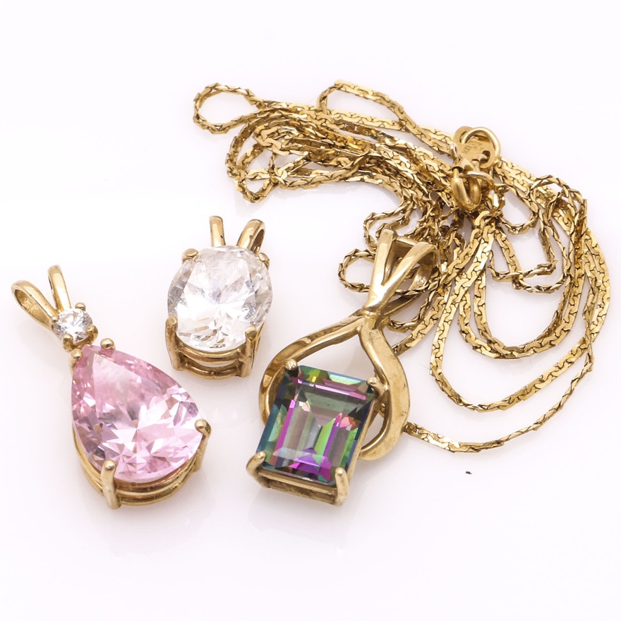14K Yellow Gold Mystic Topaz Necklace and Two 14K Yellow Gold Pendants