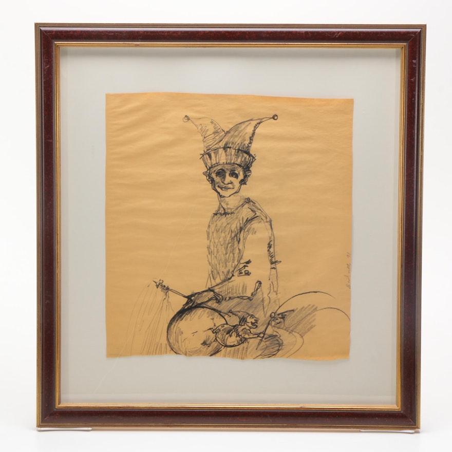 Ben Smith Signed Charcoal Drawing on Paper of a Jester