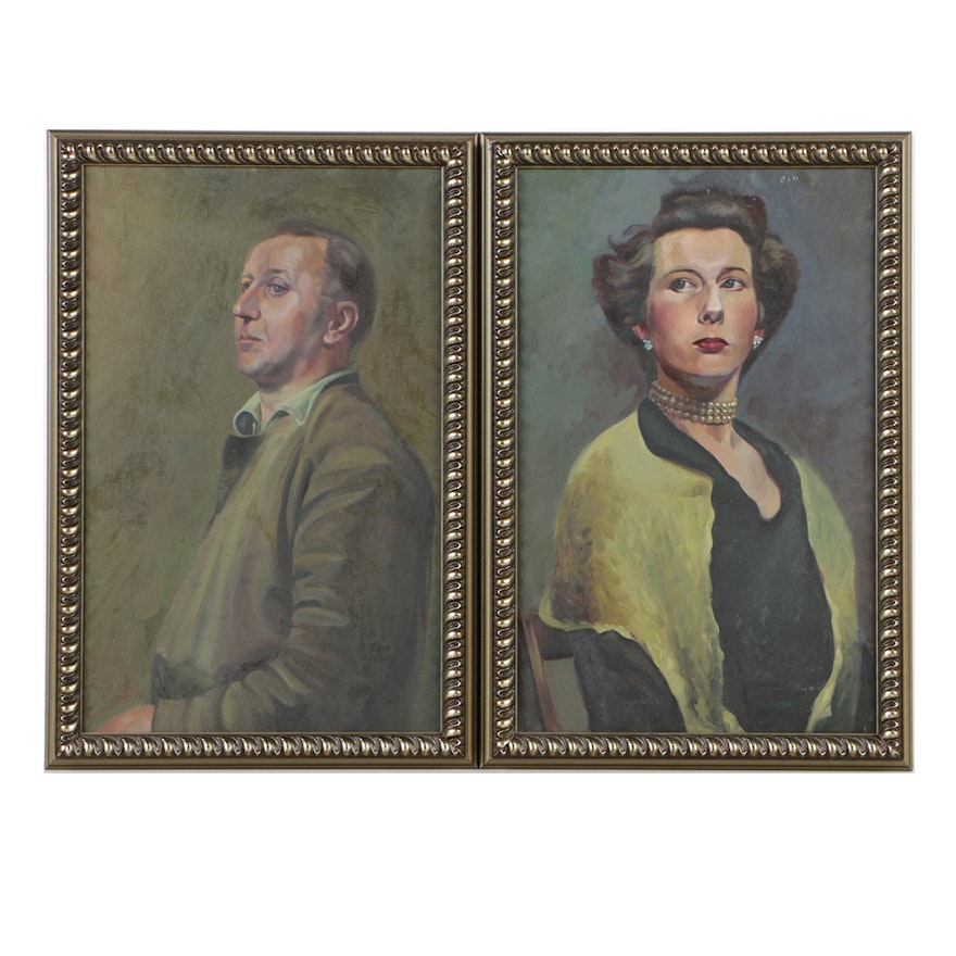 Dorothy Dunnett Pair of Oil Portraits on Canvas of Man and Woman