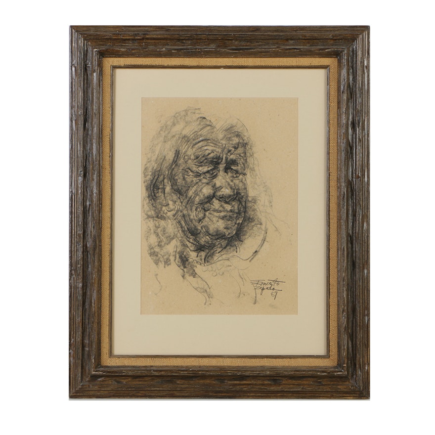 Ernesto Zepeda Charcoal Drawing on Paper Portrait of Elderly Woman