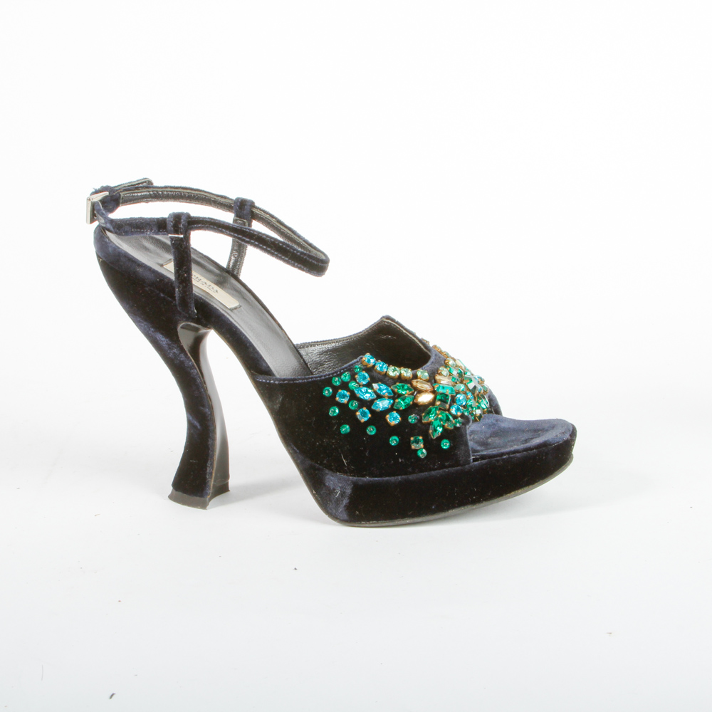 Prada Navy Velvet Platform Heels
