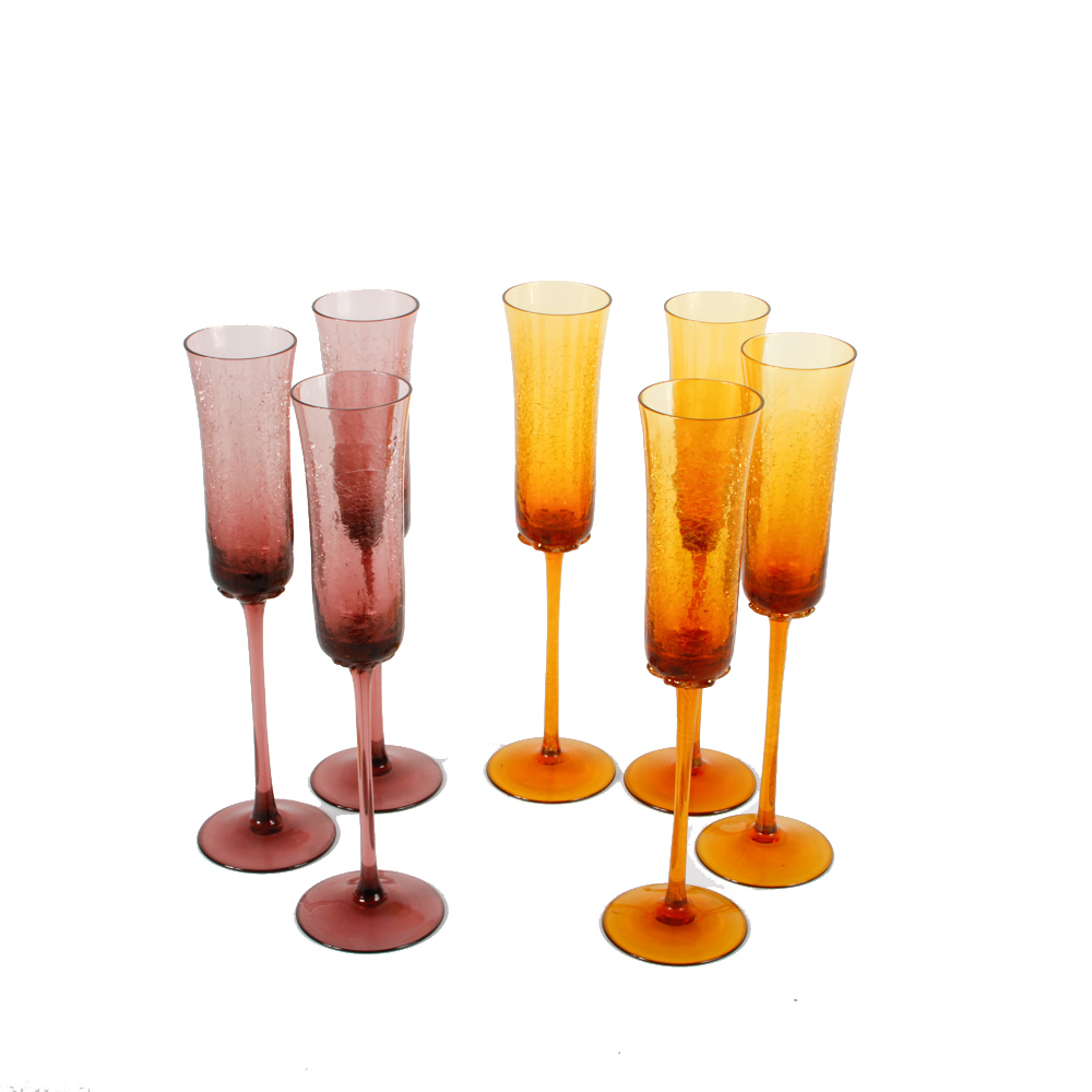 Vintage Purple and Yellow Crackle Glass Champagne Flutes