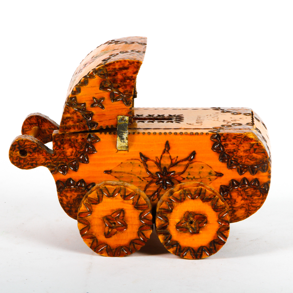 Folk Art Style Baby Carriage Coin Bank