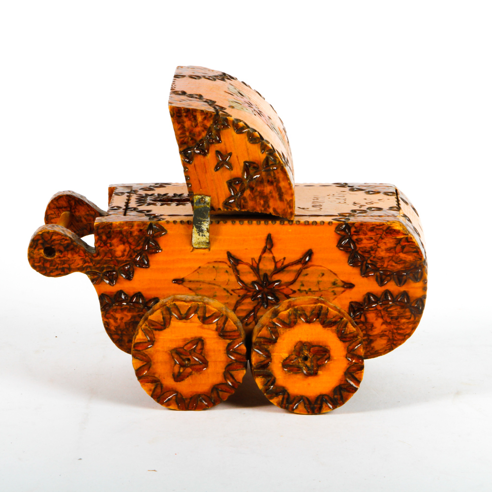 Folk Art Style Baby Carriage Coin Bank