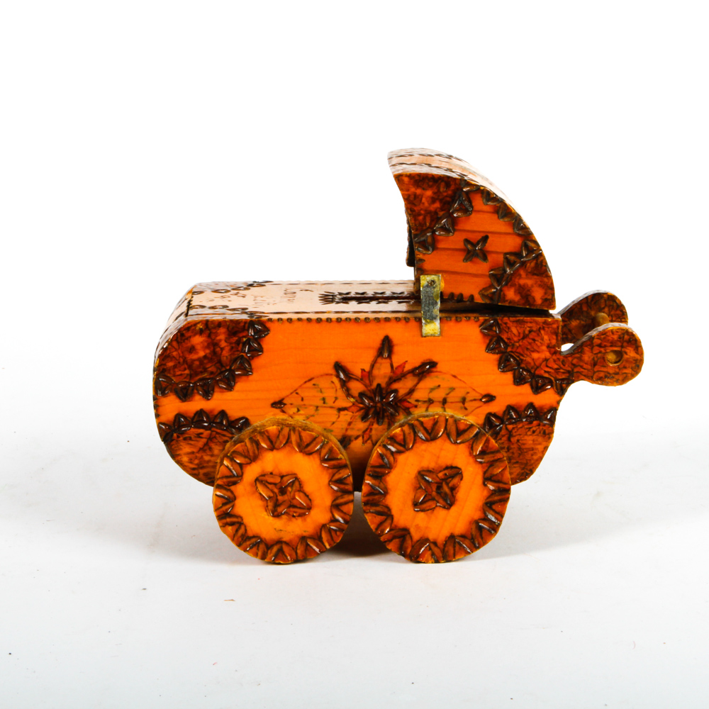 Folk Art Style Baby Carriage Coin Bank