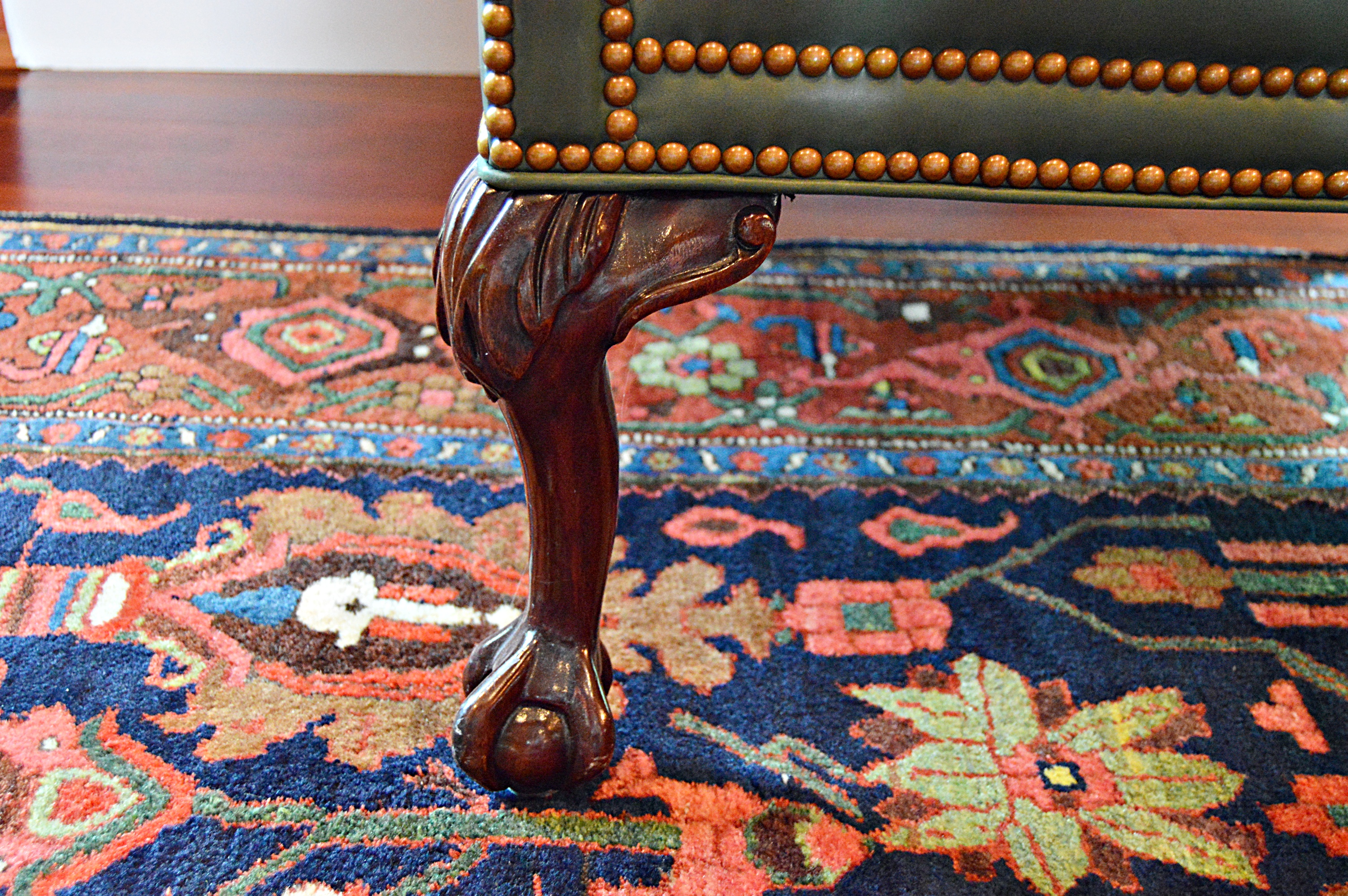 Chippendale Style Ball and Claw Green Leather Wingback Chair