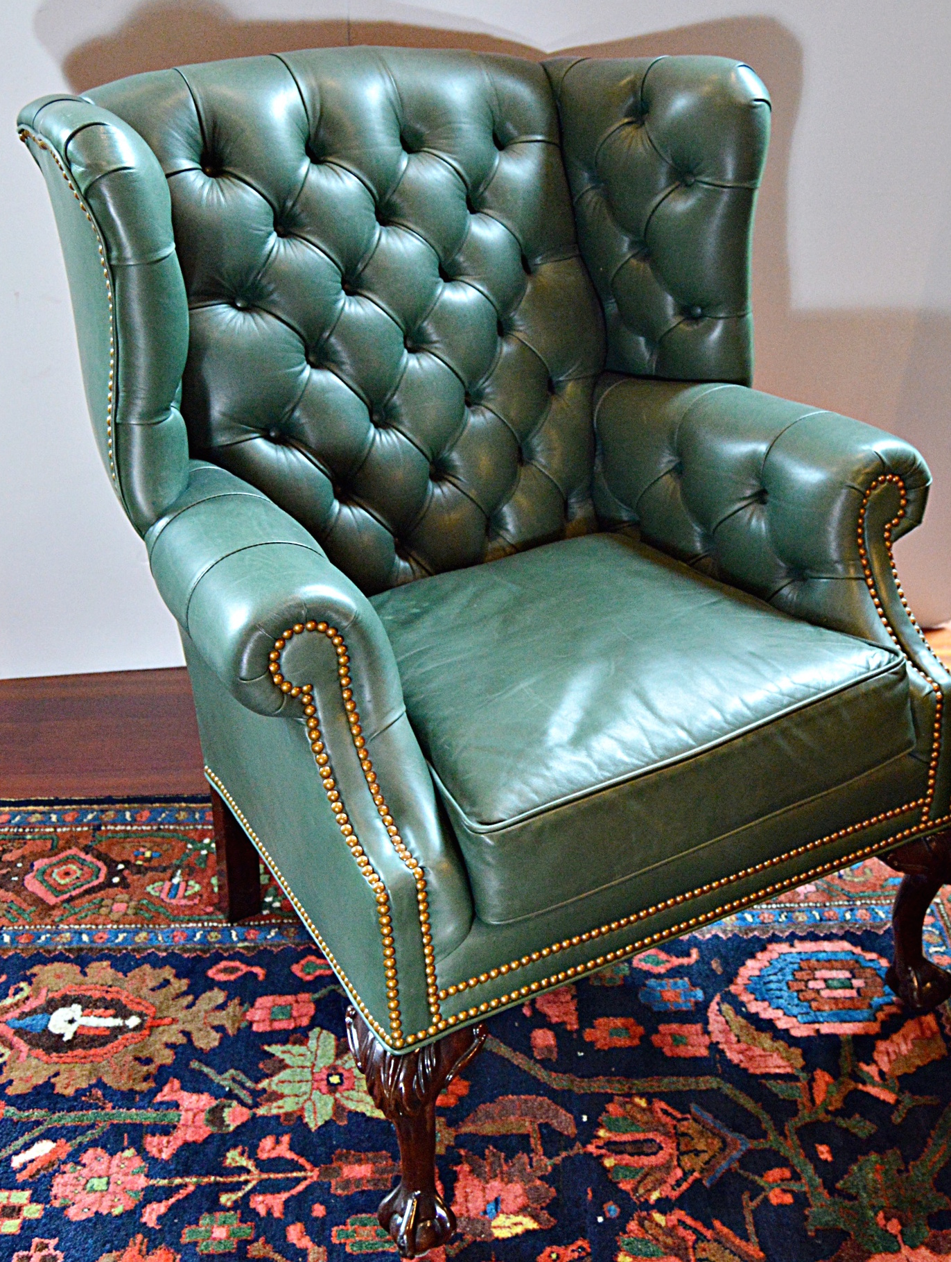 Chippendale Style Ball and Claw Green Leather Wingback Chair