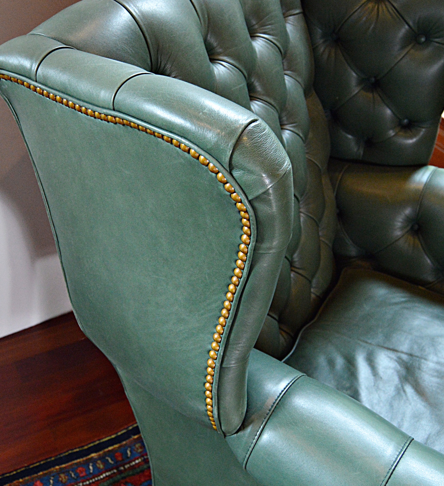 Chippendale Style Ball and Claw Green Leather Wingback Chair