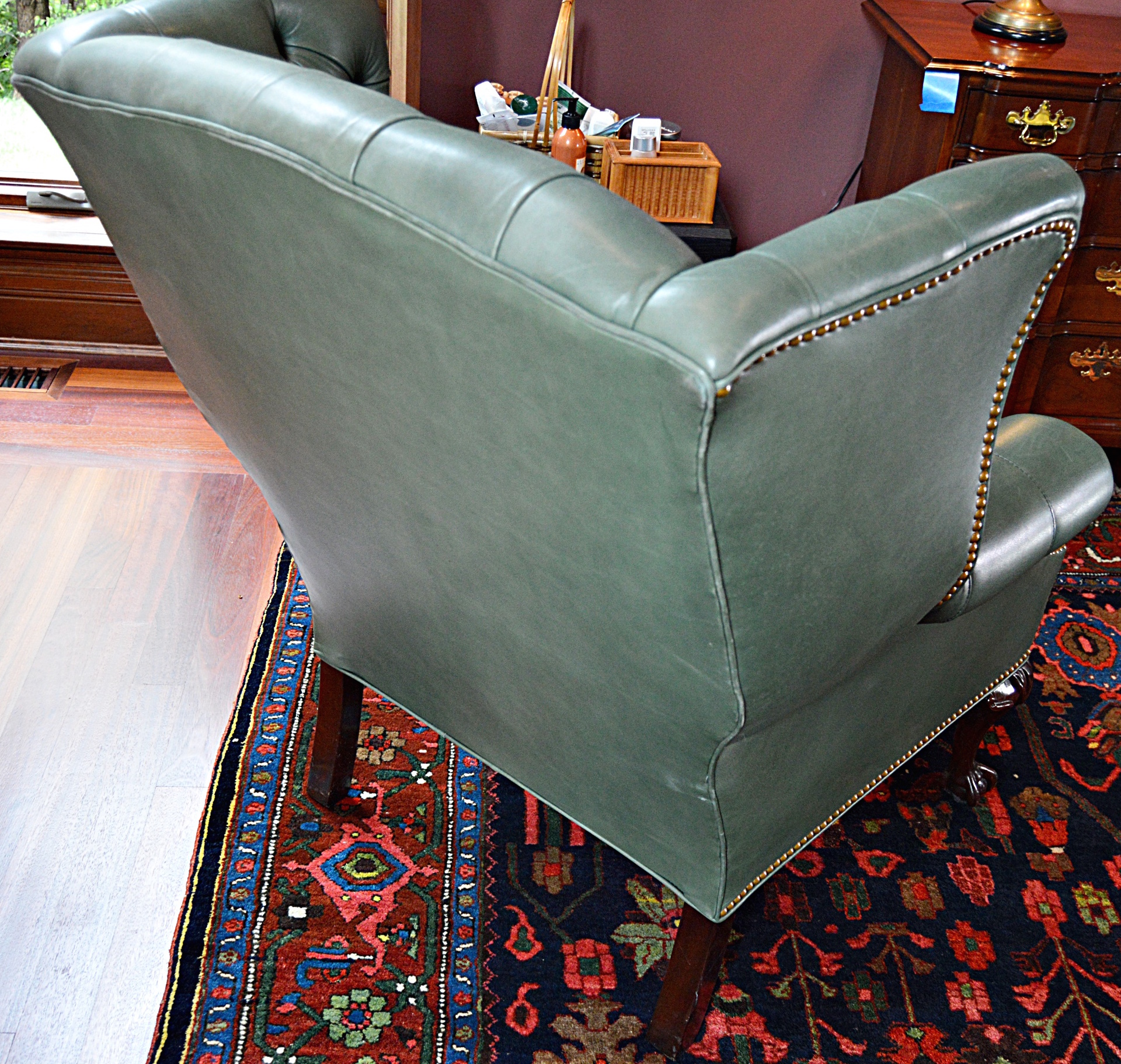 Chippendale Style Ball and Claw Green Leather Wingback Chair
