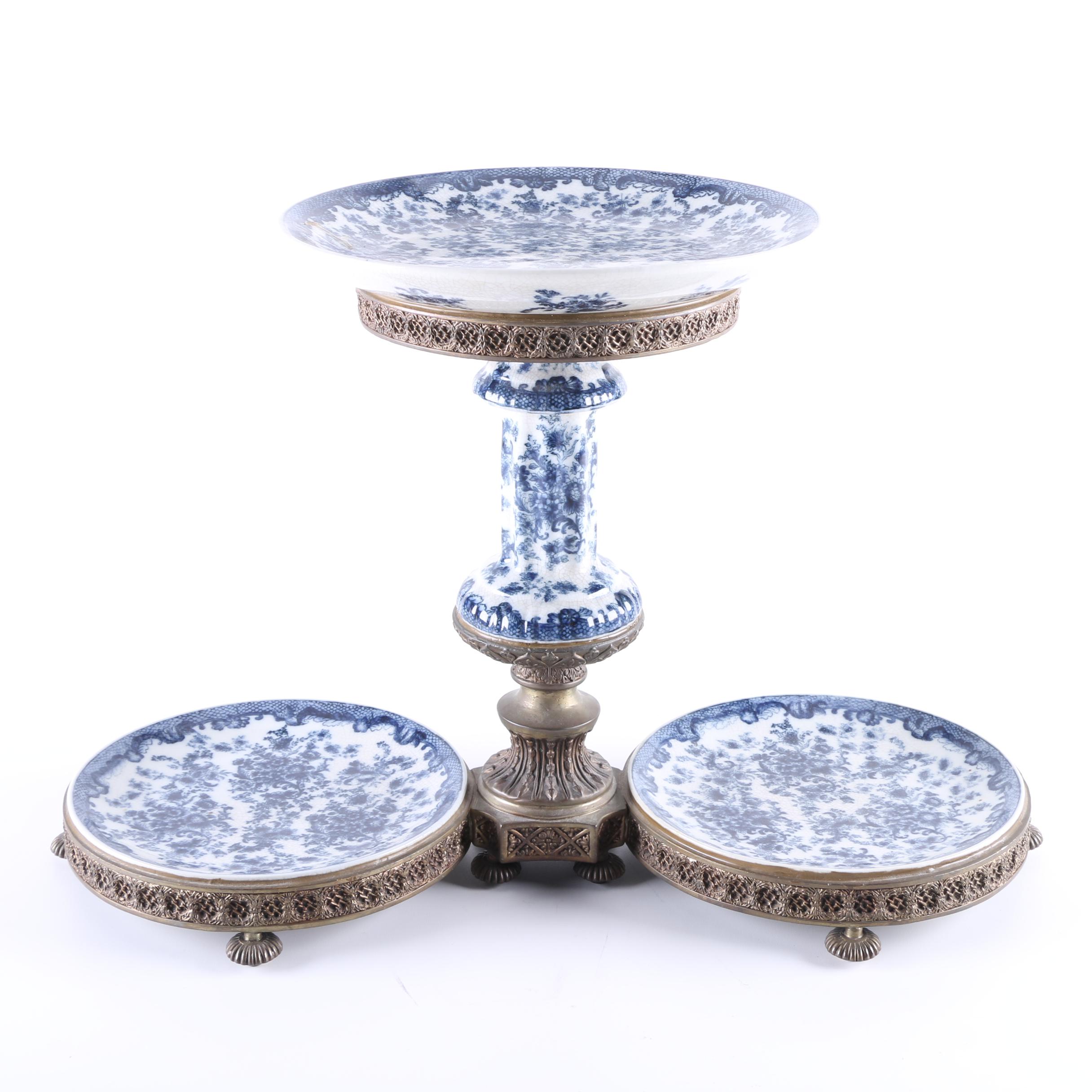 Blue and White Porcelain Transfer Decorated Mounted Tiered Stand