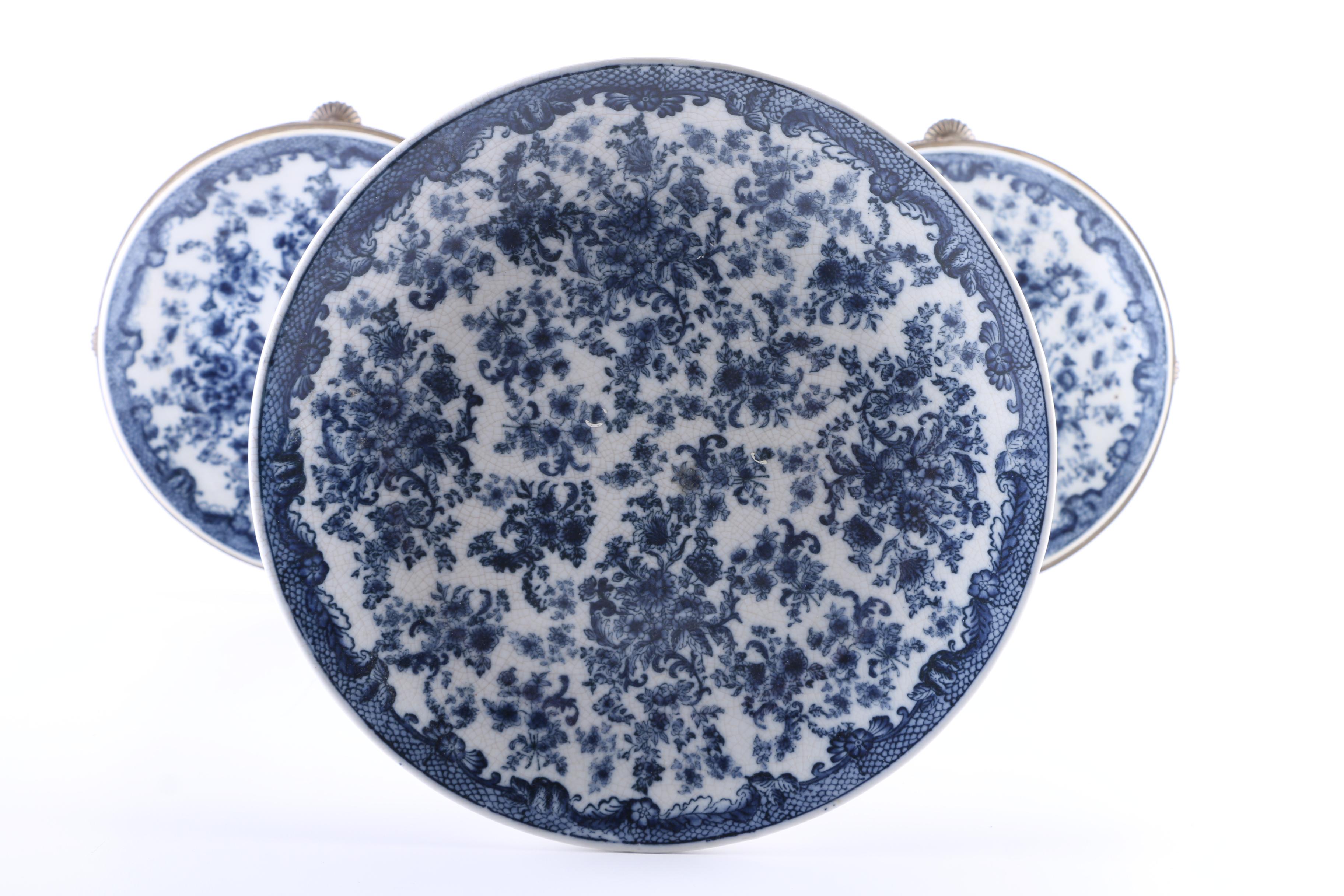 Blue and White Porcelain Transfer Decorated Mounted Tiered Stand