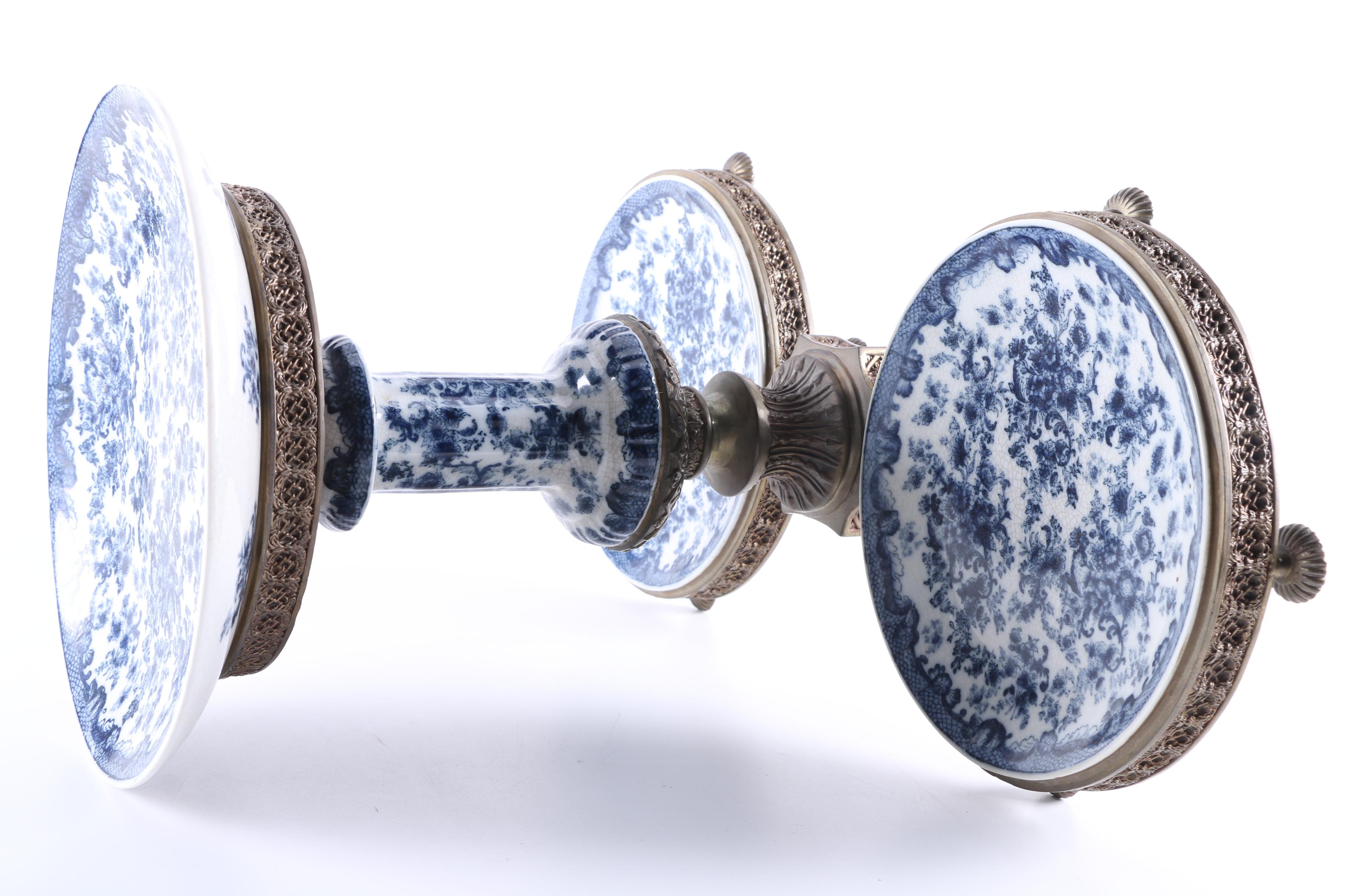 Blue and White Porcelain Transfer Decorated Mounted Tiered Stand