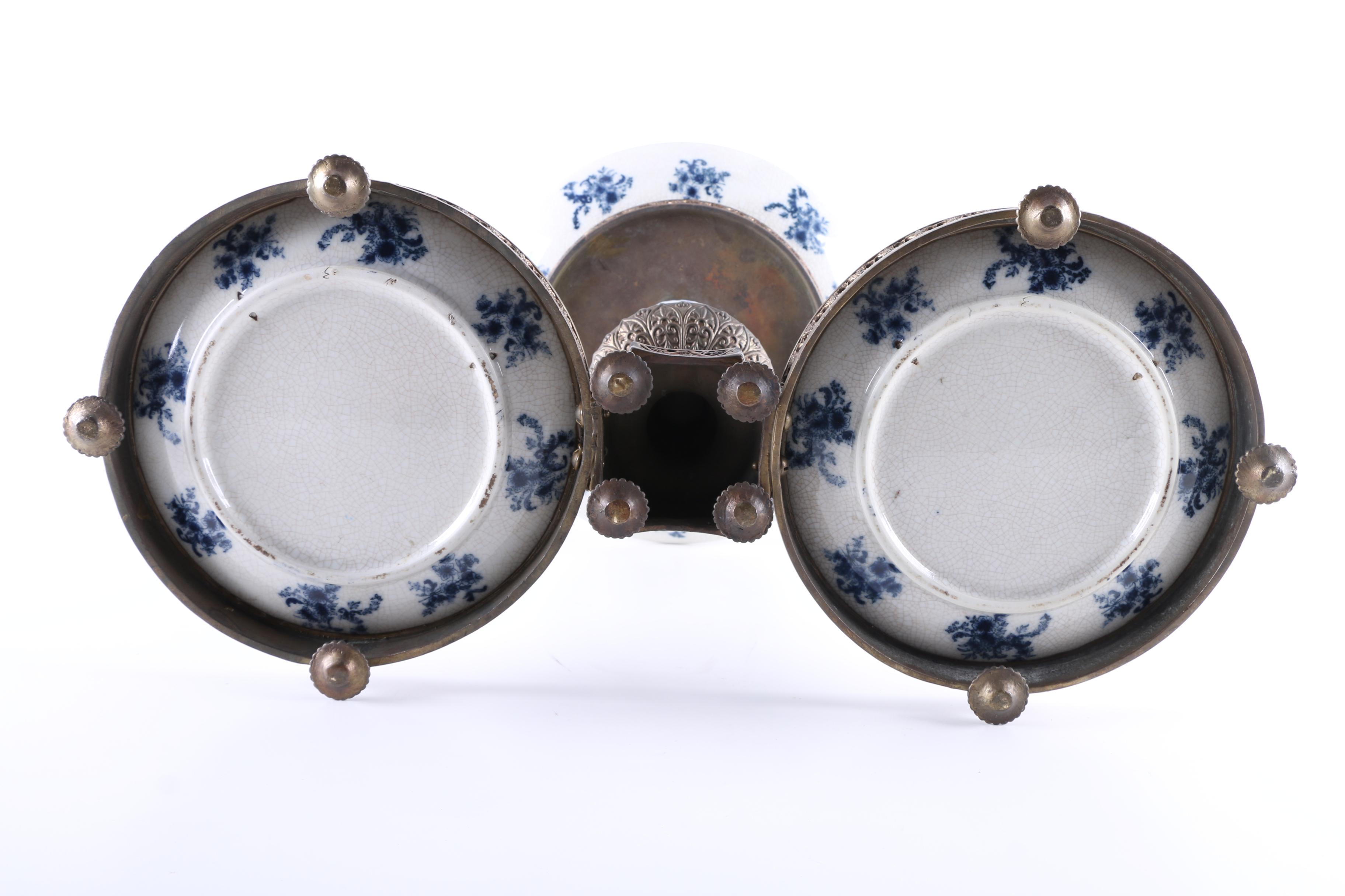 Blue and White Porcelain Transfer Decorated Mounted Tiered Stand