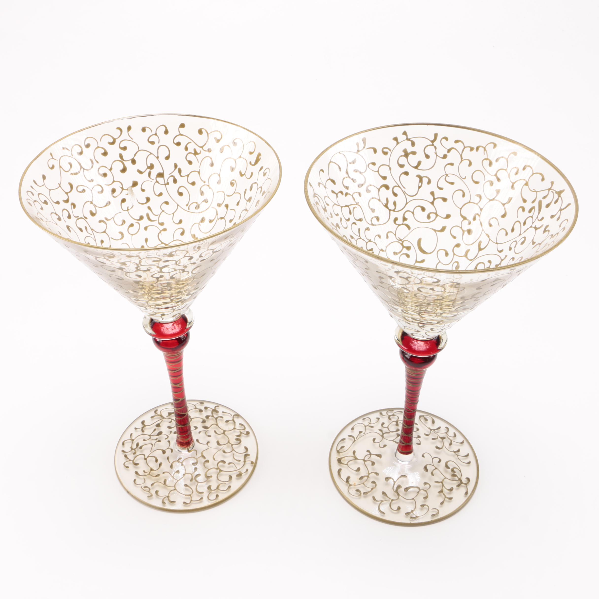 Martini Glasses With Gold Tones and Red Stems
