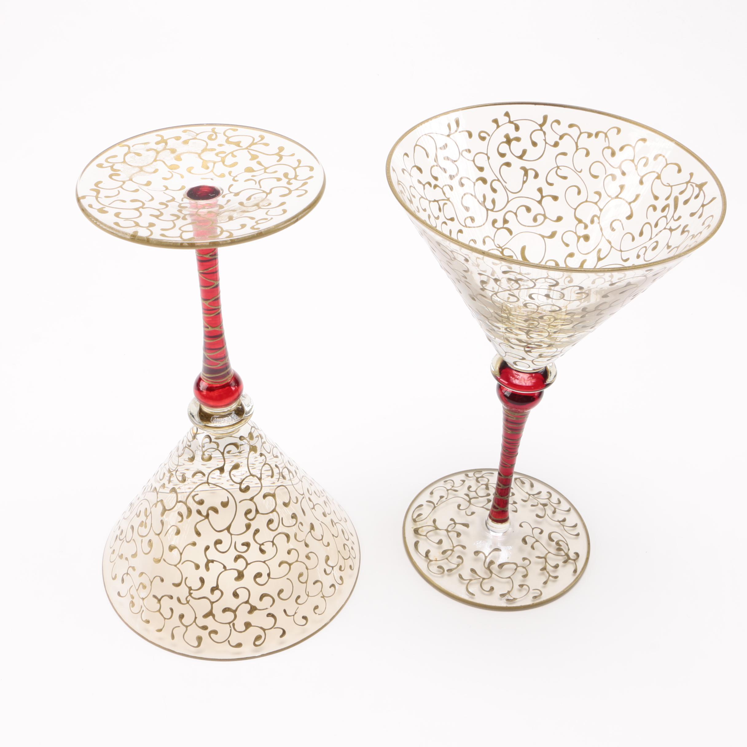 Martini Glasses With Gold Tones and Red Stems