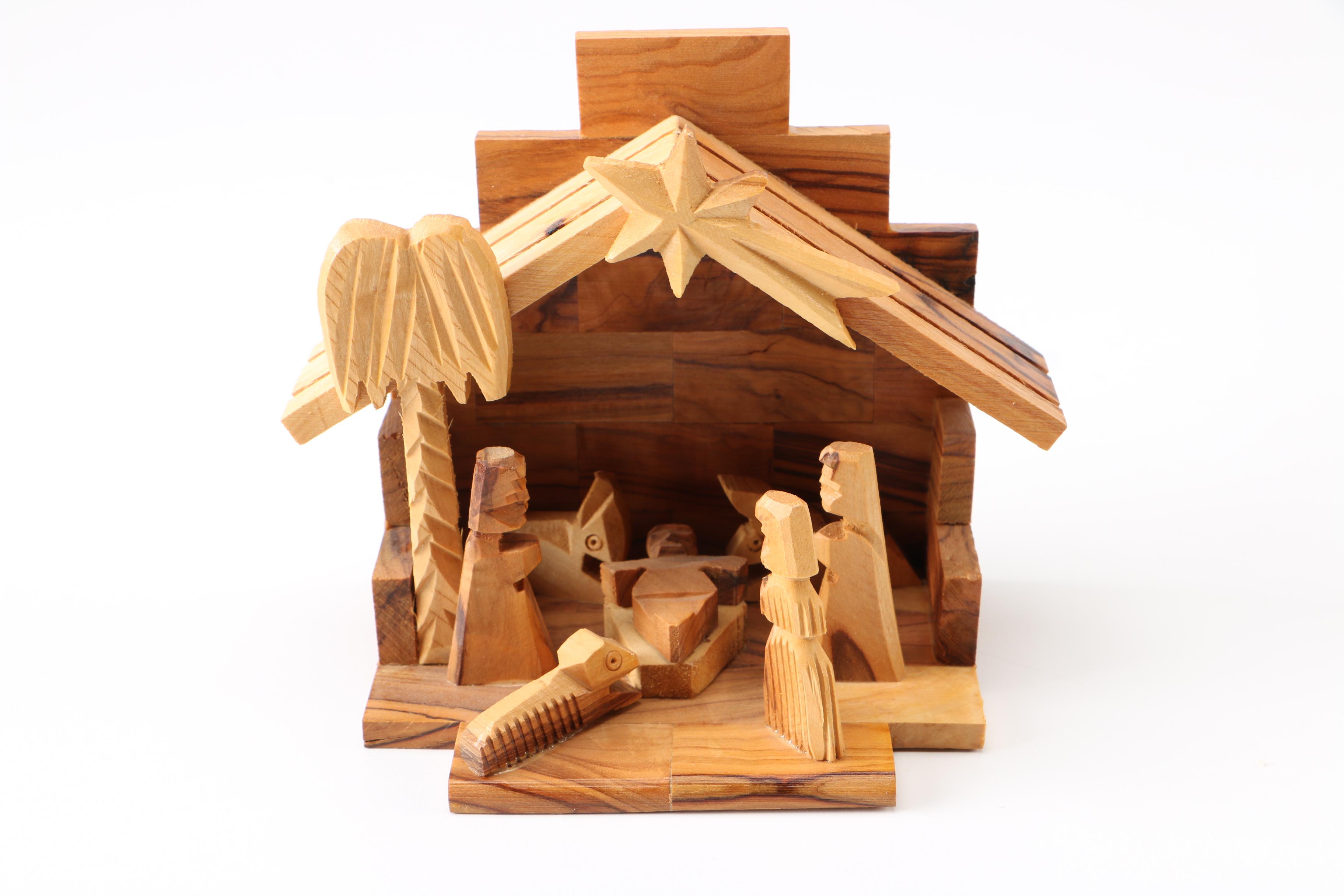 Wooden Manger Nativity Scene and Figurines